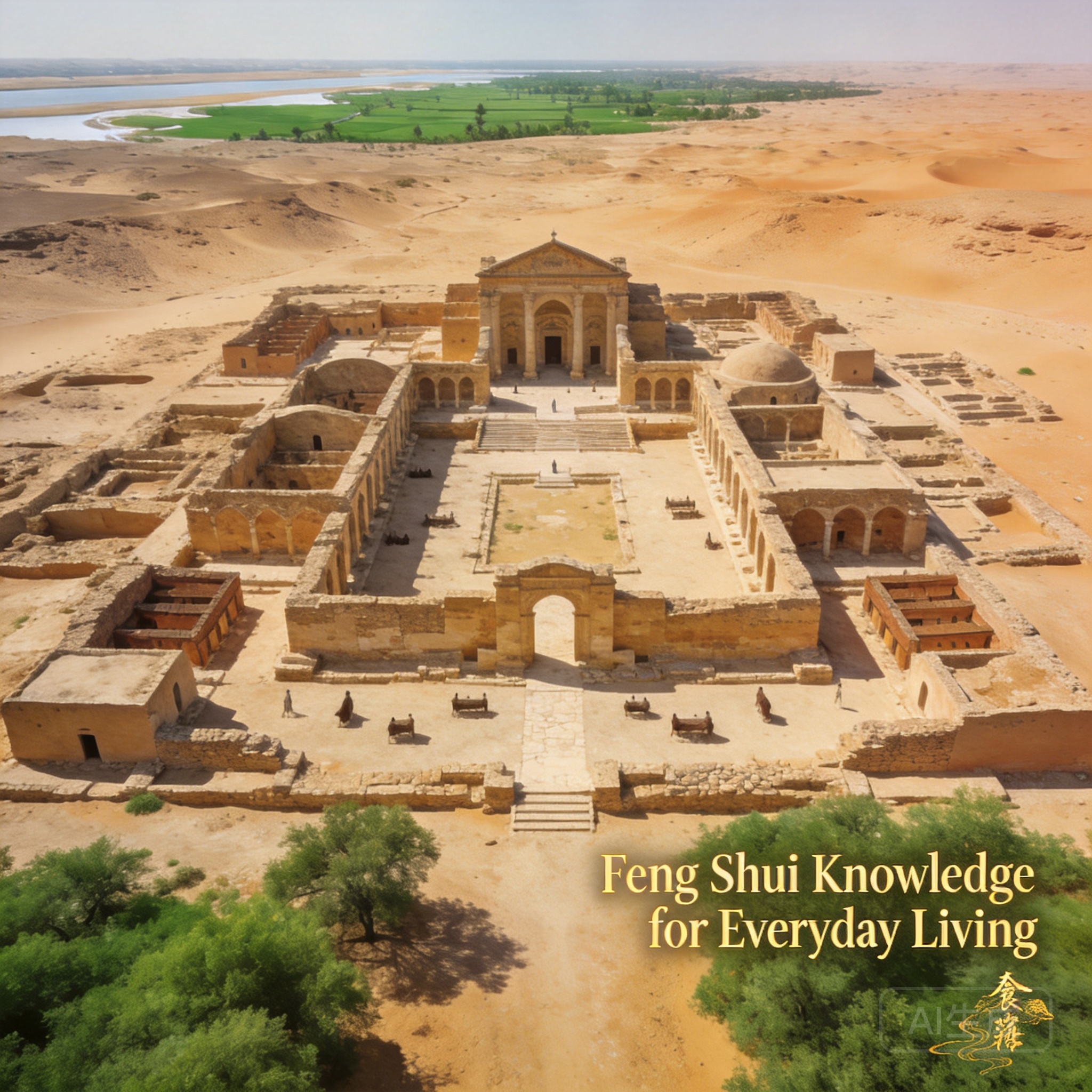 Wide aerial shot of Abu Mena archaeological site, showing the layout of basilicas, pilgrim housing, and surrounding desert landscape with distant Nile Delta greenery visible on the eastern horizon