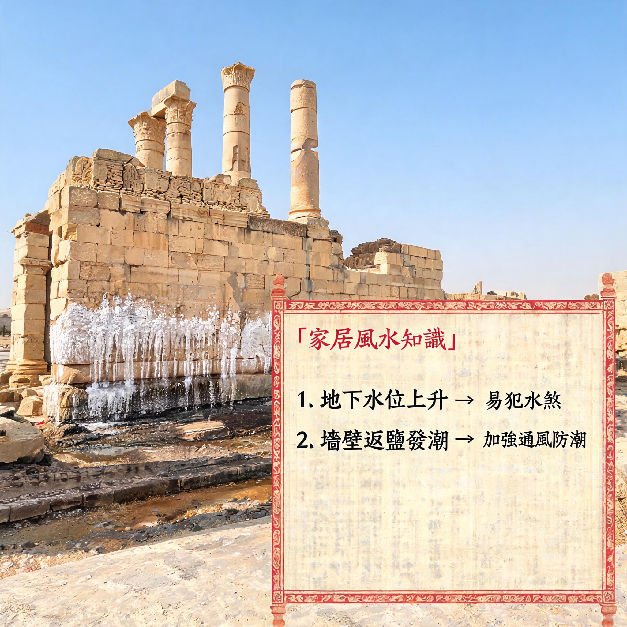 Photo of standing Abu Mena stone structures with visible water damage and salt efflorescence on the lower walls from rising groundwater