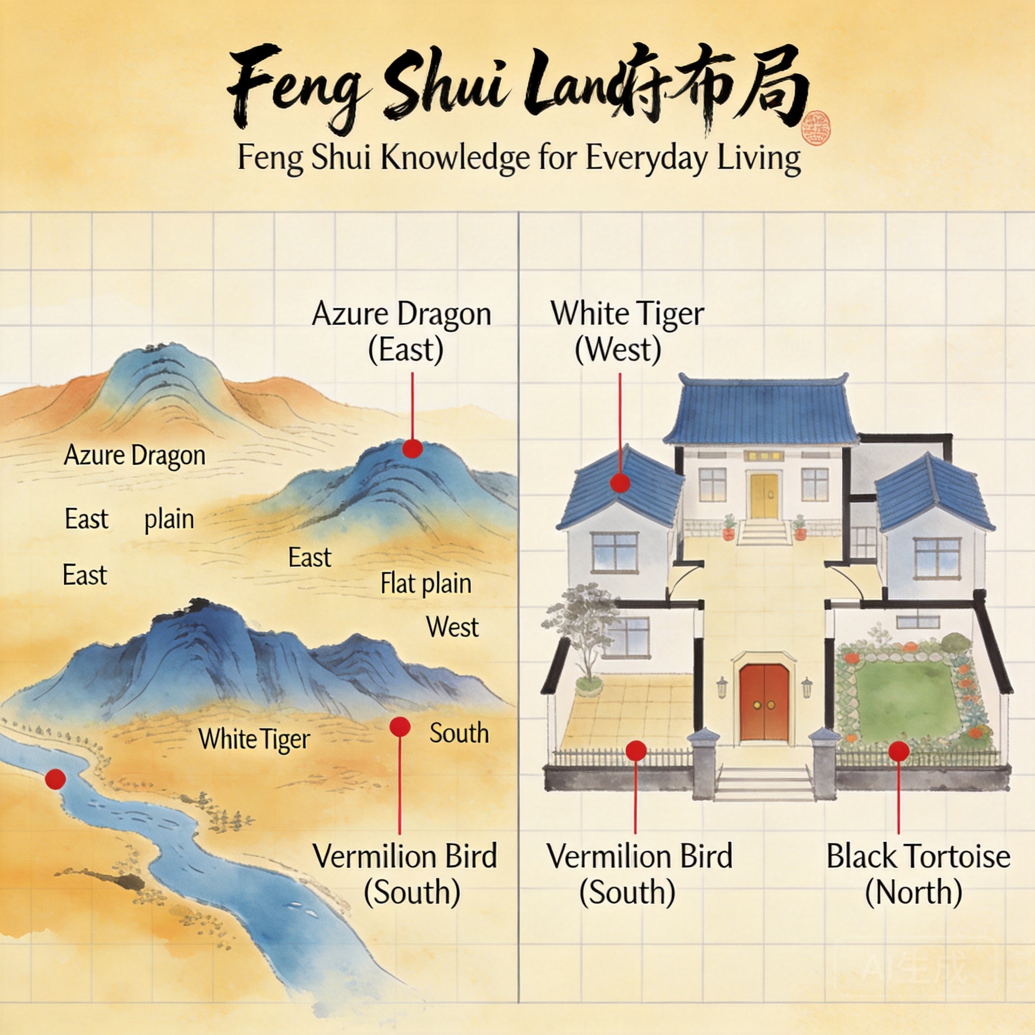 Side-by-side graphic comparing Abu Mena’s landform layout to a typical residential home layout, labeling the four celestial animal positions for both