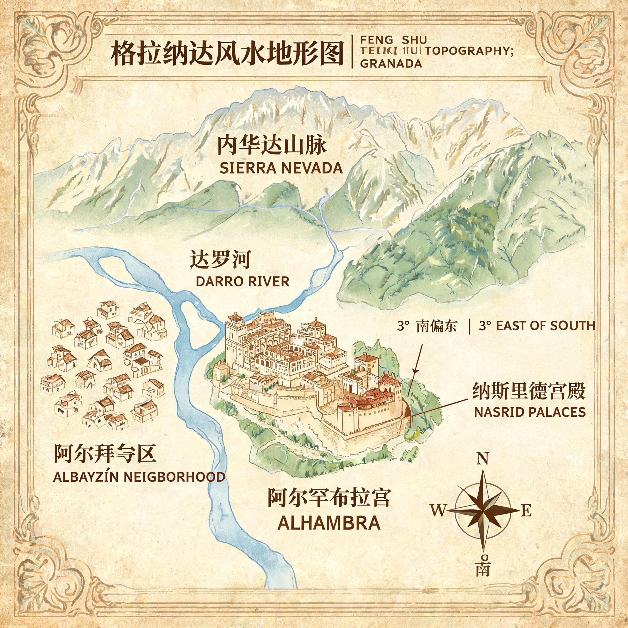 格拉納達地形圖,標示阿爾罕布拉宮相對於內華達山脈、達羅河與阿爾拜辛區的位置,並標註納斯里德王宮朝南偏東3度的方位標記