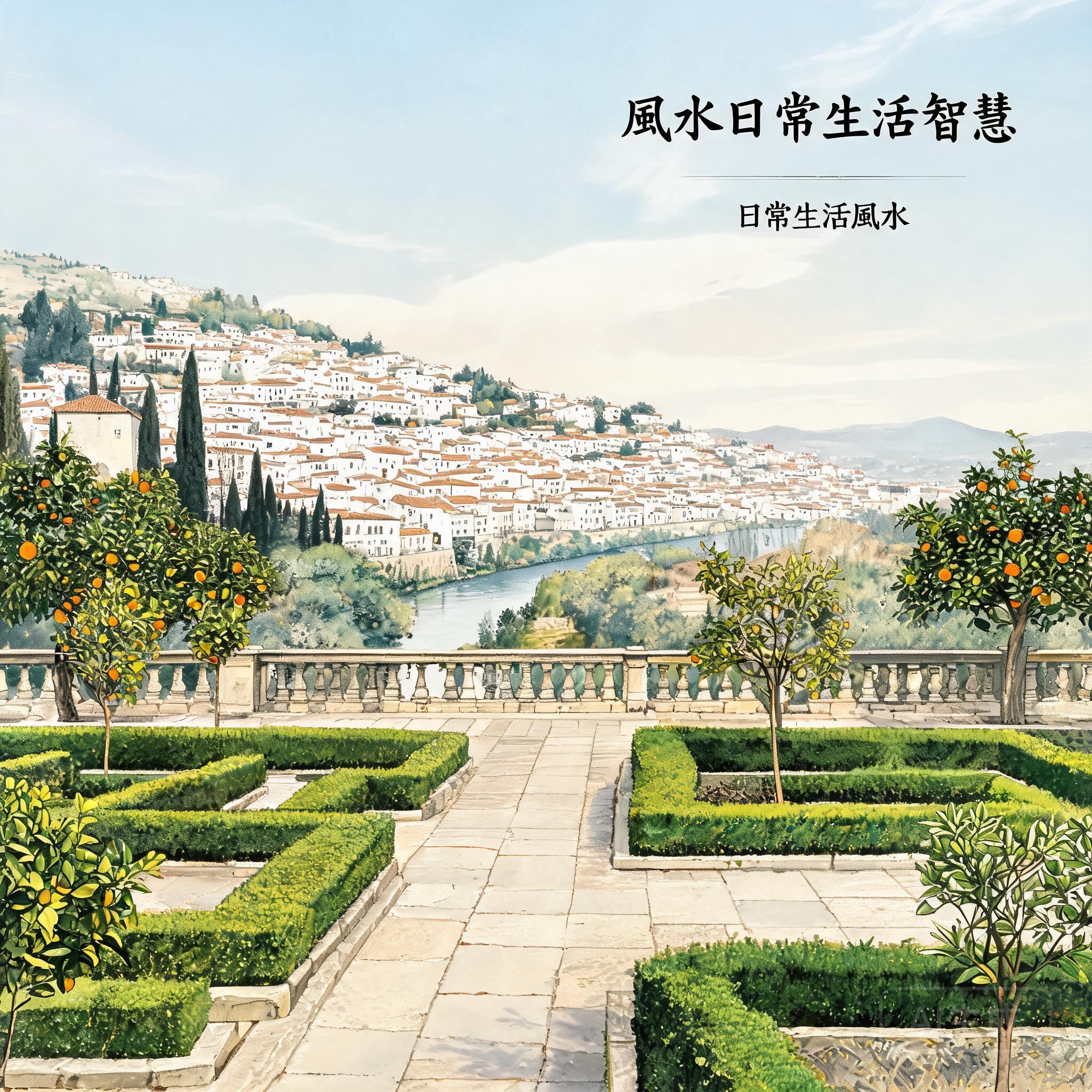 赫內拉利費花園上層露台的畫面,有修剪整齊的樹籬、柑橘樹,還有越過達羅河望向下方漆成白色的阿爾拜辛區的無遮蔽視野