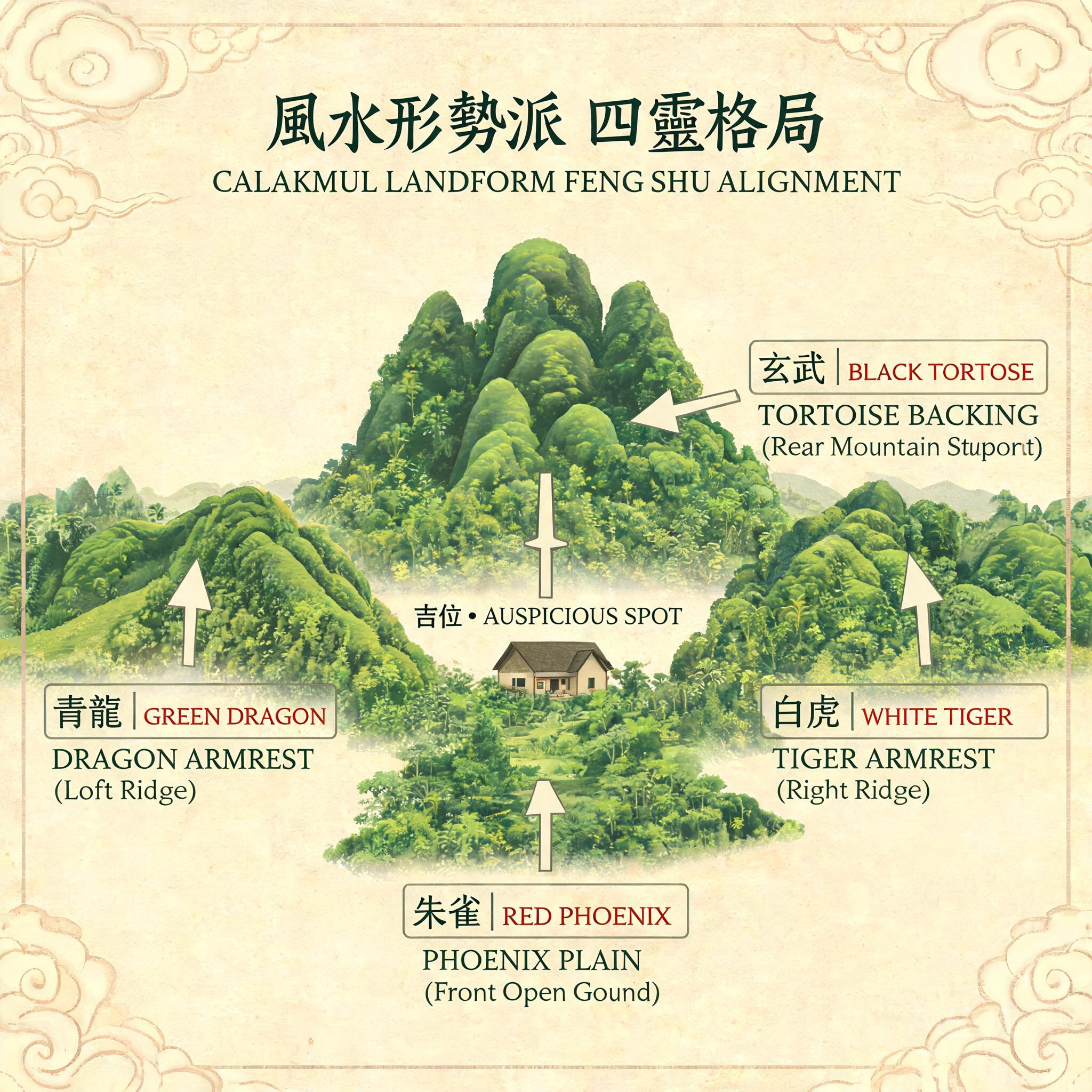 卡拉克穆爾地形與傳統形家風水四獸配置對照圖,標註有玄武靠山、青龍/白虎扶手與朱雀明堂