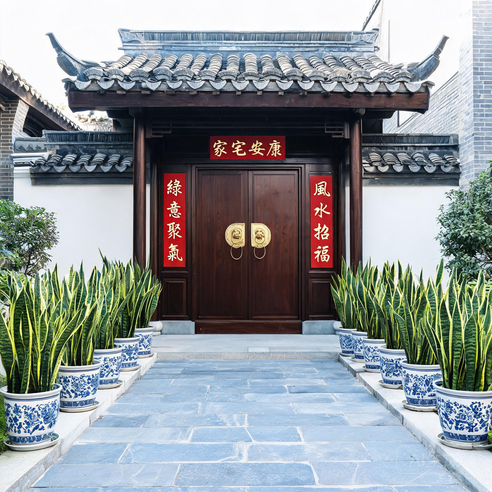 小型住宅前廊擺滿虎尾蘭盆栽的照片，示範靈感來自卡拉克穆爾的居家綠色緩衝改造