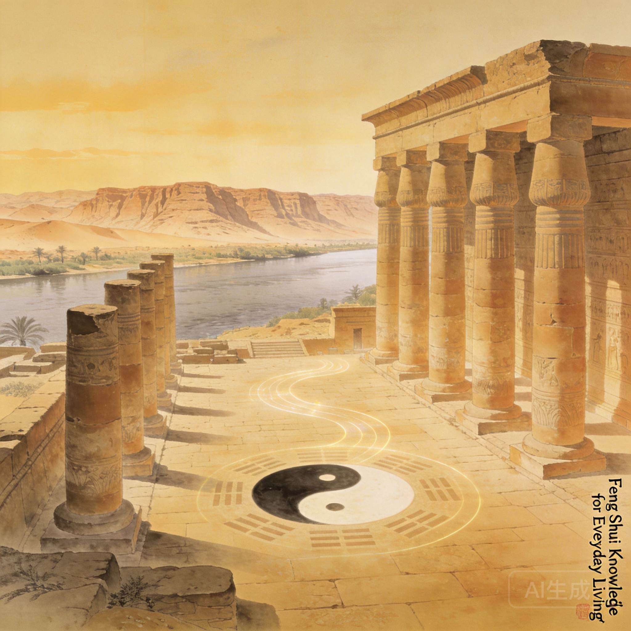 Wide shot of the Karnak Temple columns on the east bank of Thebes, with the Nile River visible in the distance and desert cliffs on the west bank horizon