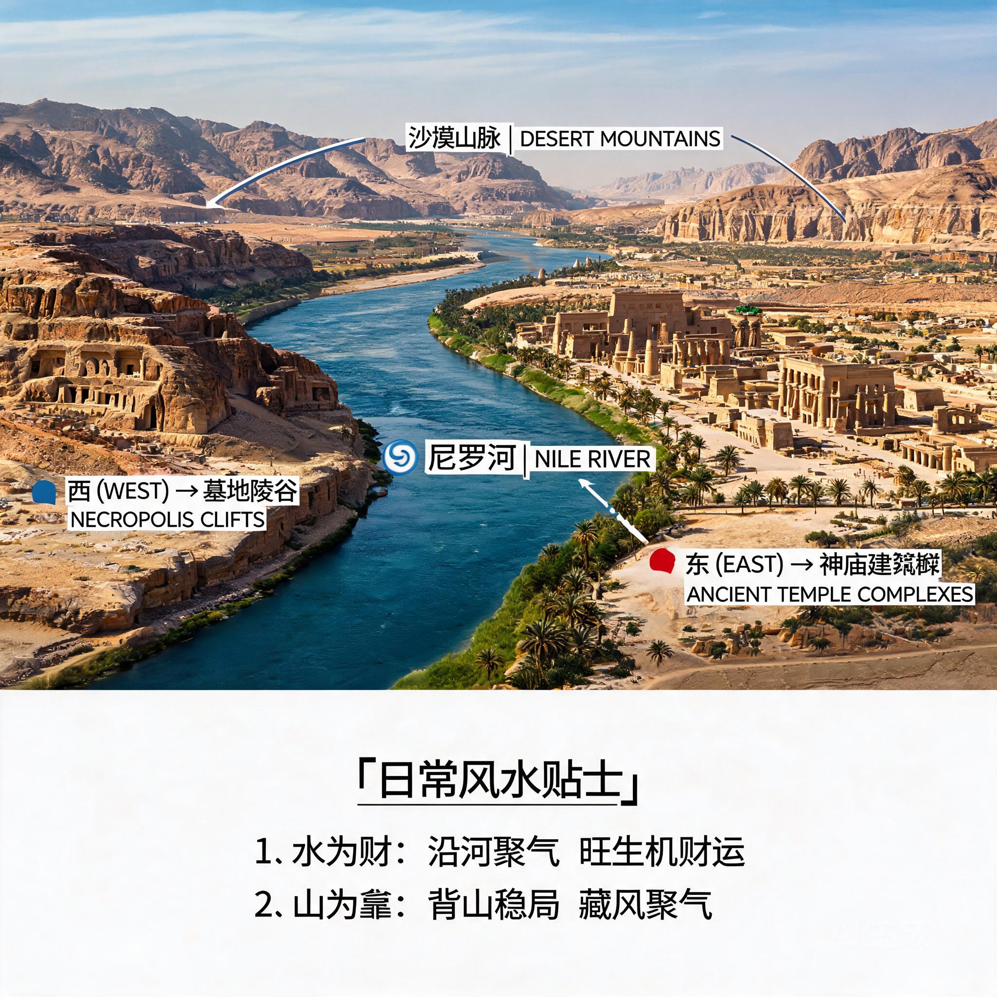 Aerial panoramic shot of Ancient Thebes showing the Nile River splitting the east bank temple complexes and west bank necropolis cliffs, with directional labels for east/west and the surrounding desert mountain ranges