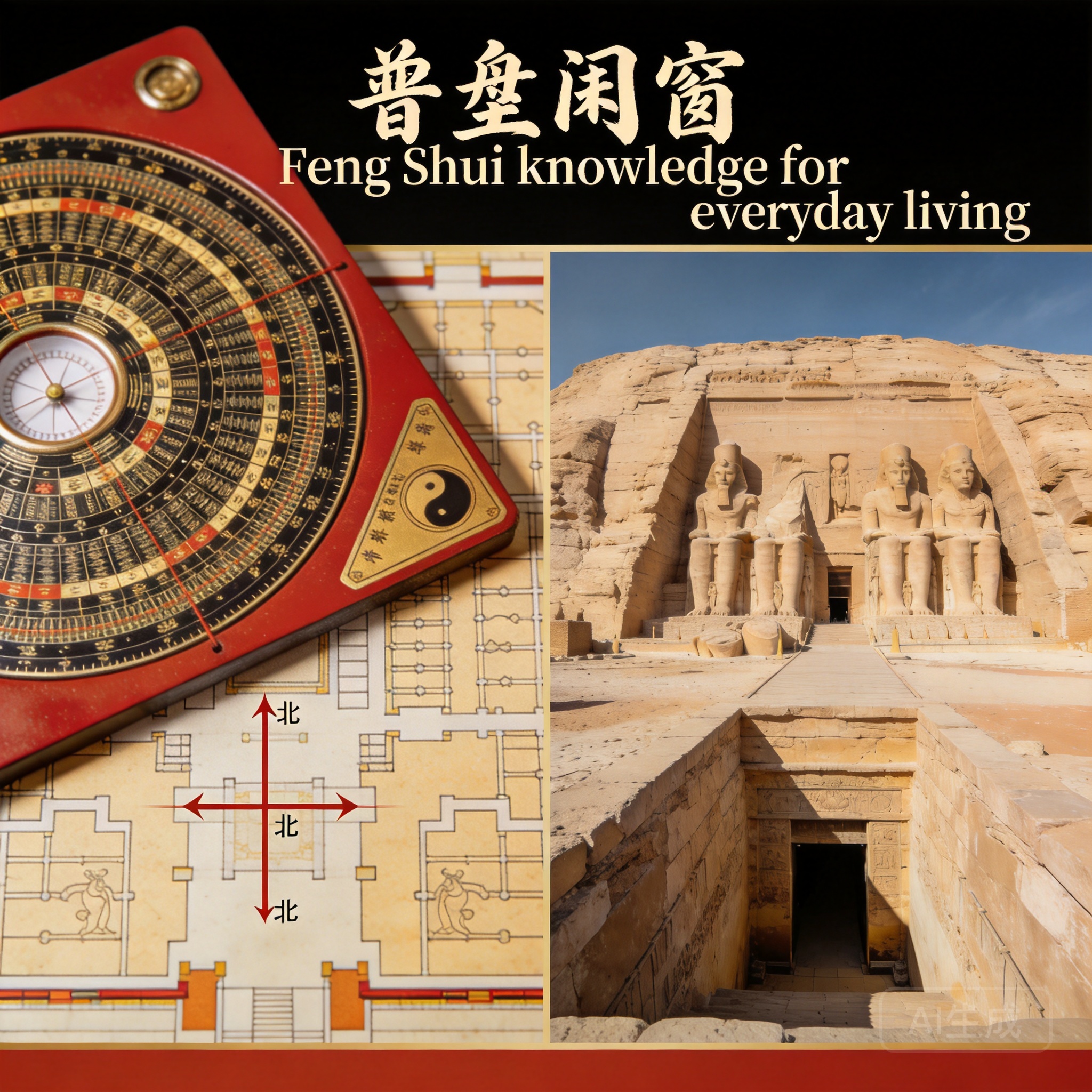 Side-by-side comparison of a luopan compass overlay on the Karnak Temple floor plan, showing exact north-south alignment, next to a photo of the Valley of the Kings’ enclosed basin entrance