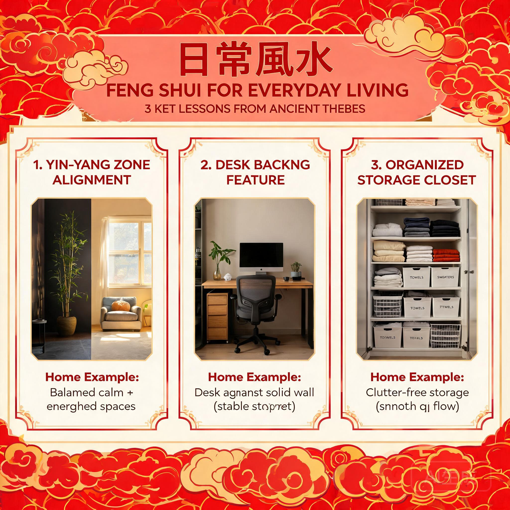 Infographic showing the 3 key feng shui lessons from Ancient Thebes, with small photos of home examples for each: yin-yang zone alignment, desk backing feature, organized storage closet