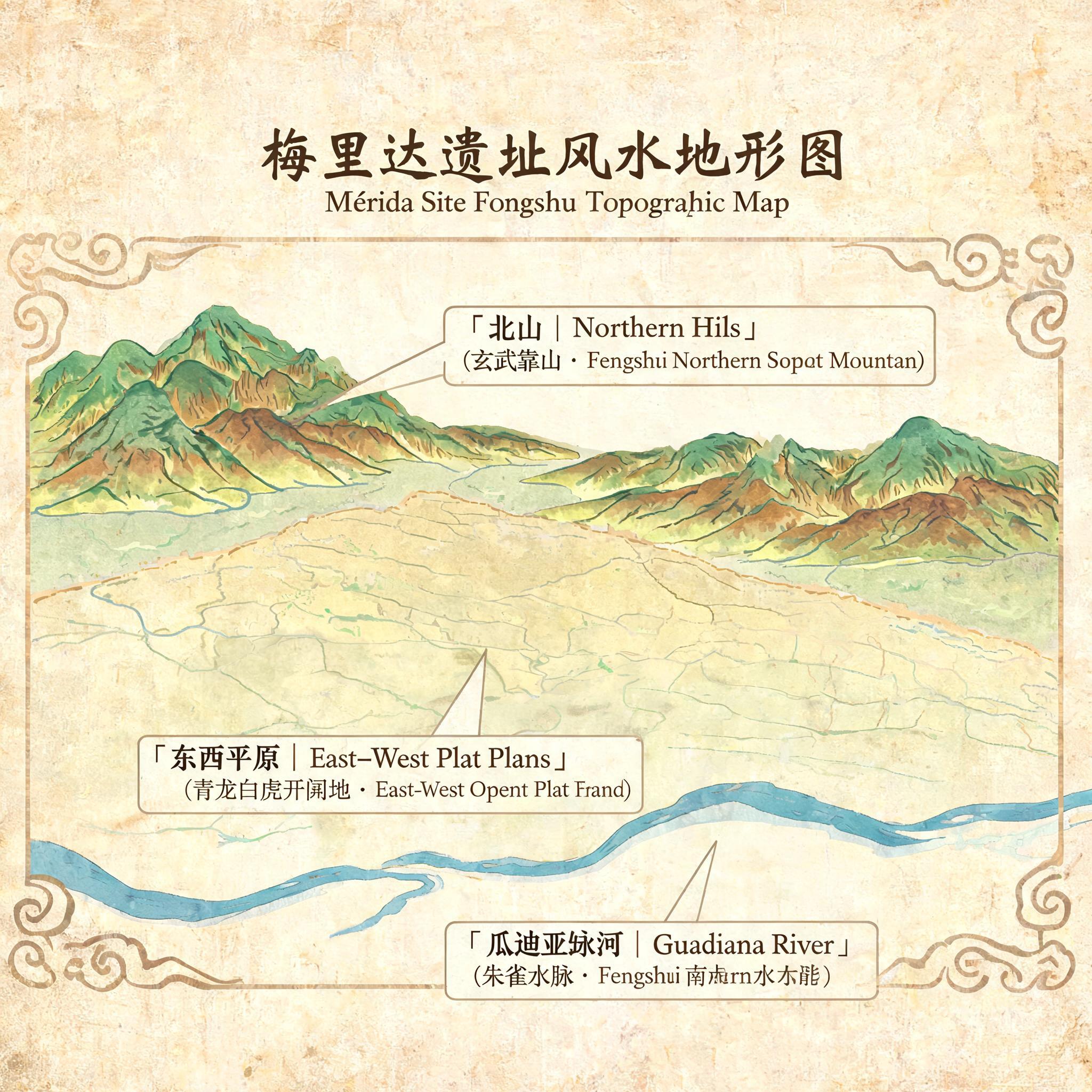 Topographic map of the Mérida site, annotated to show northern hills, southern Guadiana River, and east-west flat plains