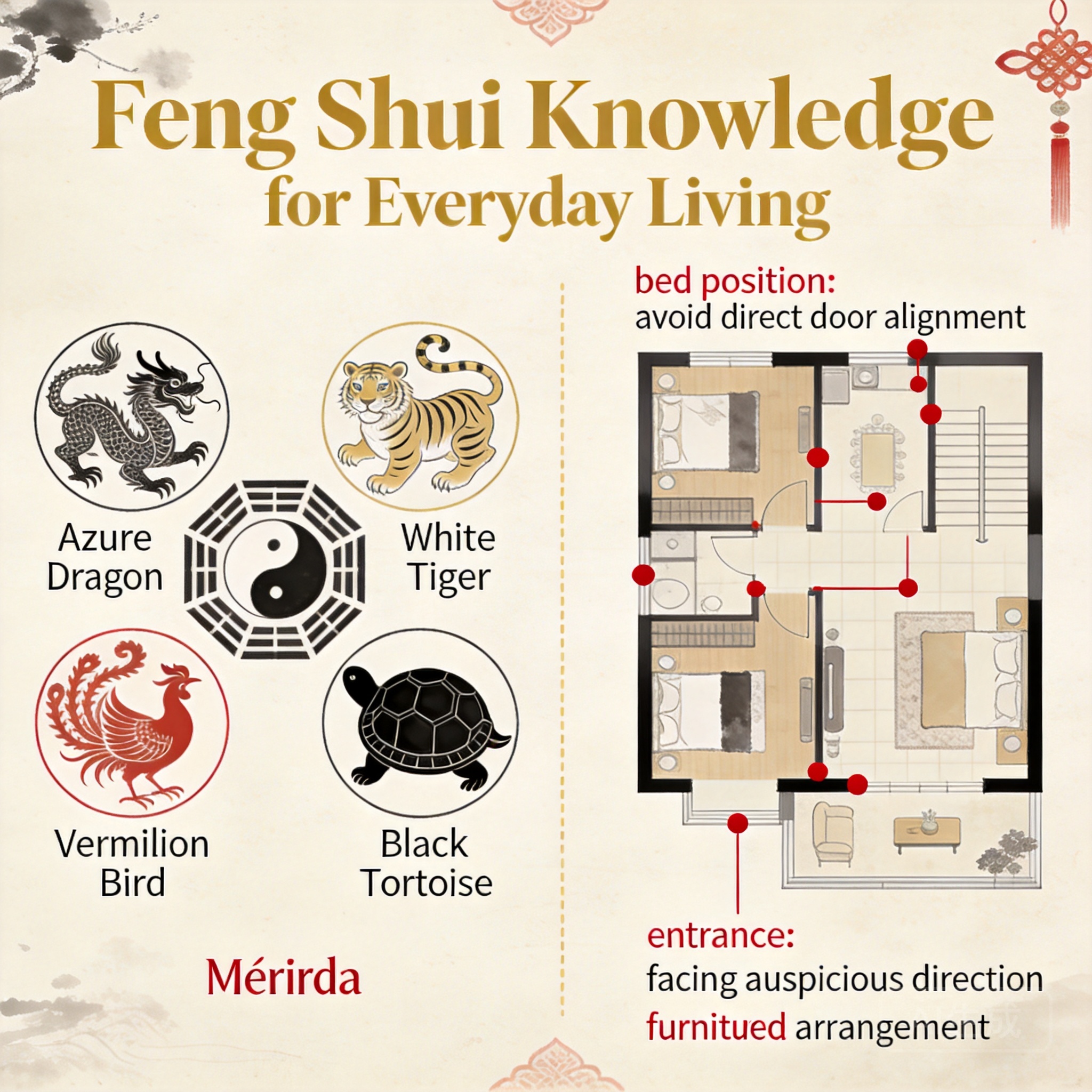 Side-by-side comparison of the Mérida site’s four celestial animal alignment and a typical small apartment layout with equivalent feng shui adjustments marked