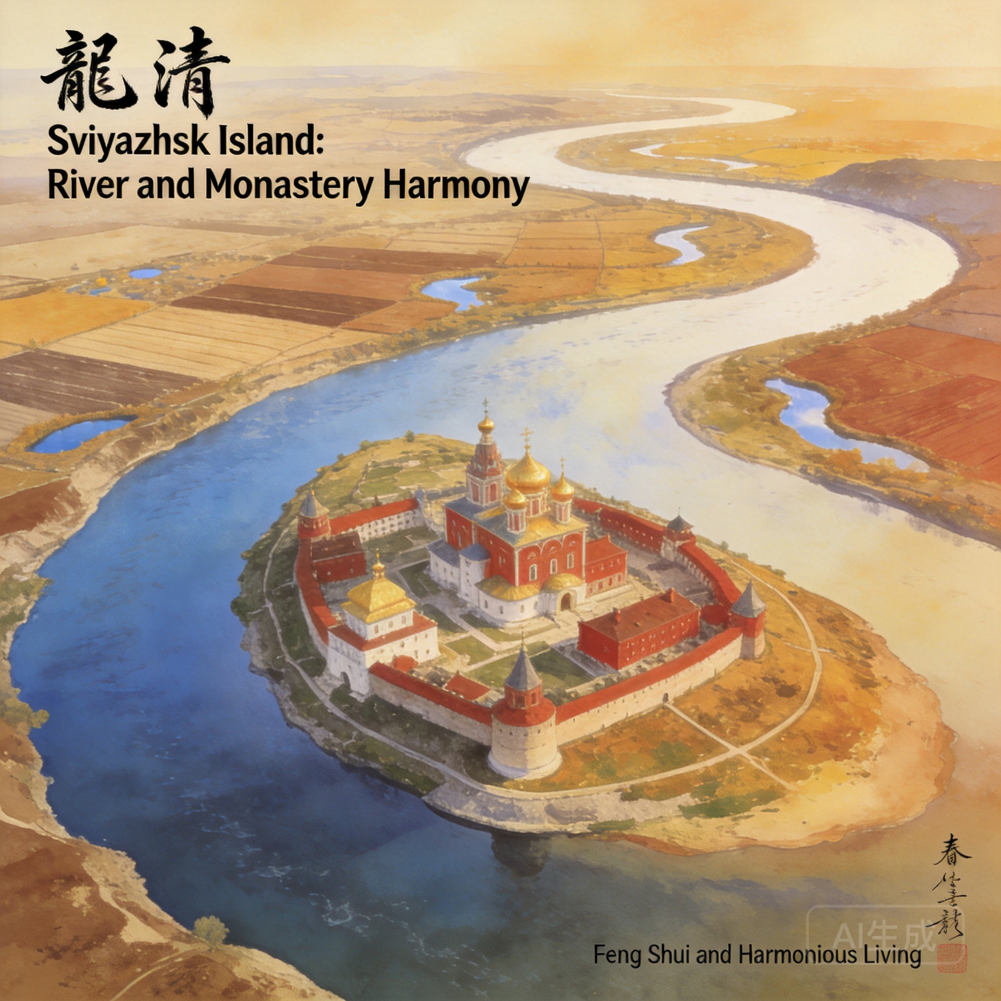 斯維亞日斯克島的空拍鳥瞰畫面，可見彎曲的伏爾加河環抱著修道院園區與周圍的低地