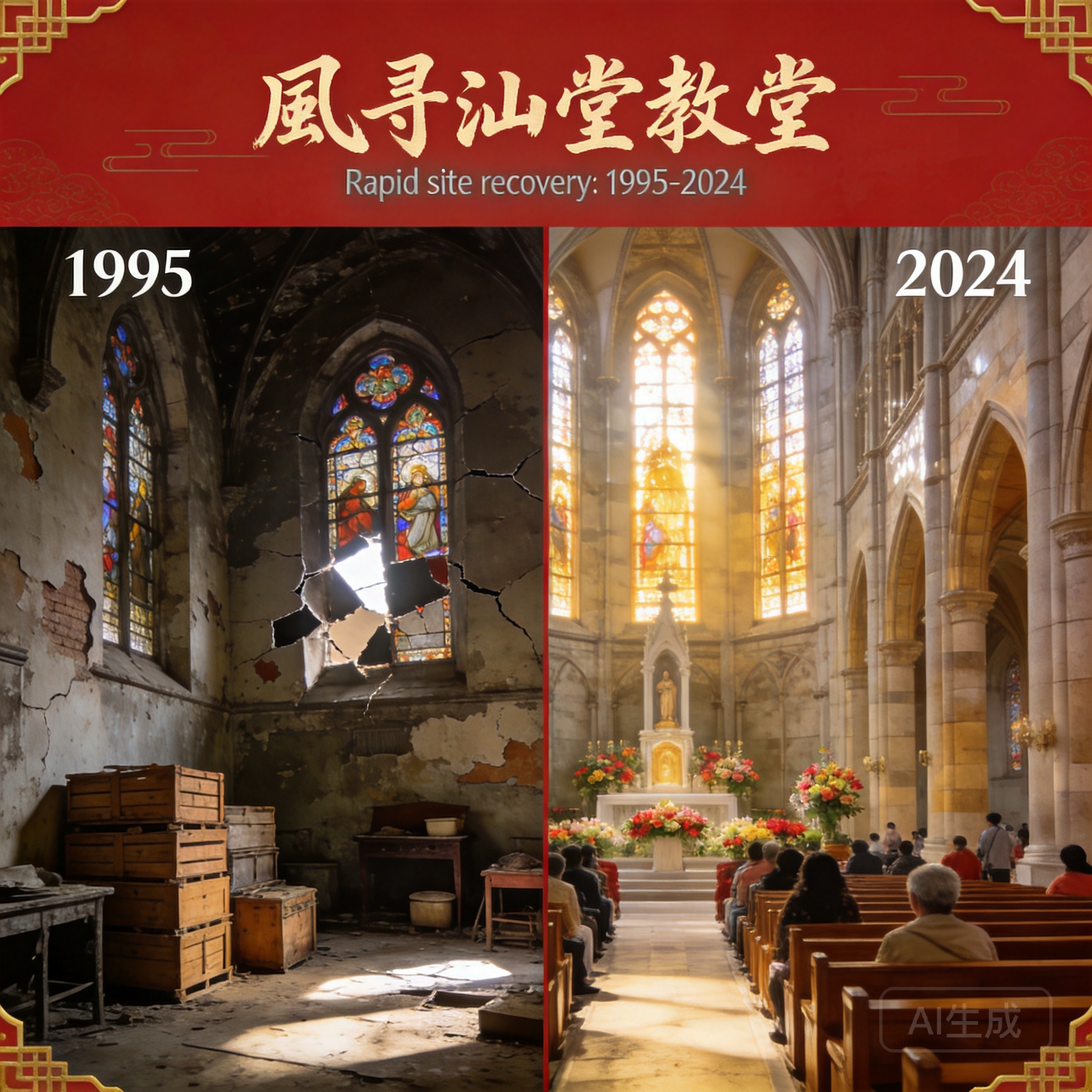 1995年（破敗、做為倉庫使用）與2024年（修復完成、充滿訪客）的大教堂對照圖，顯示場地的快速復甦