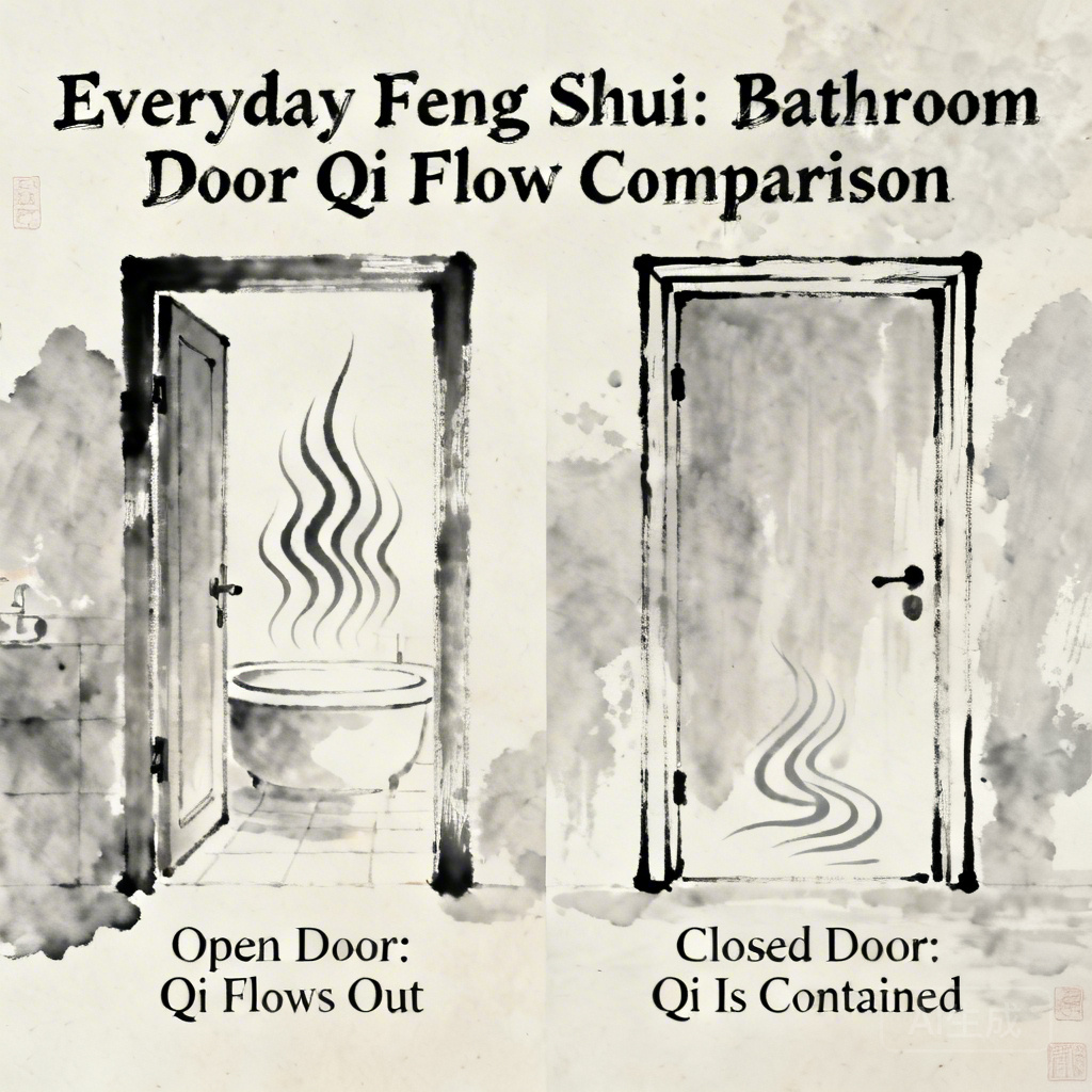 Illustration: Qi flow comparison for open vs closed bathroom doors