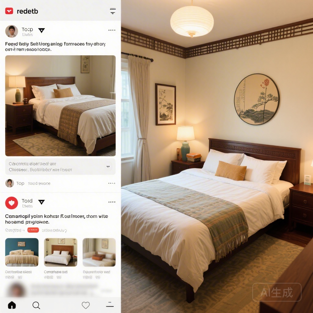 Collage of blurred Reddit screenshots showing top-voted bed feng shui tips next to a photo of a small bedroom arranged per command position guidelines