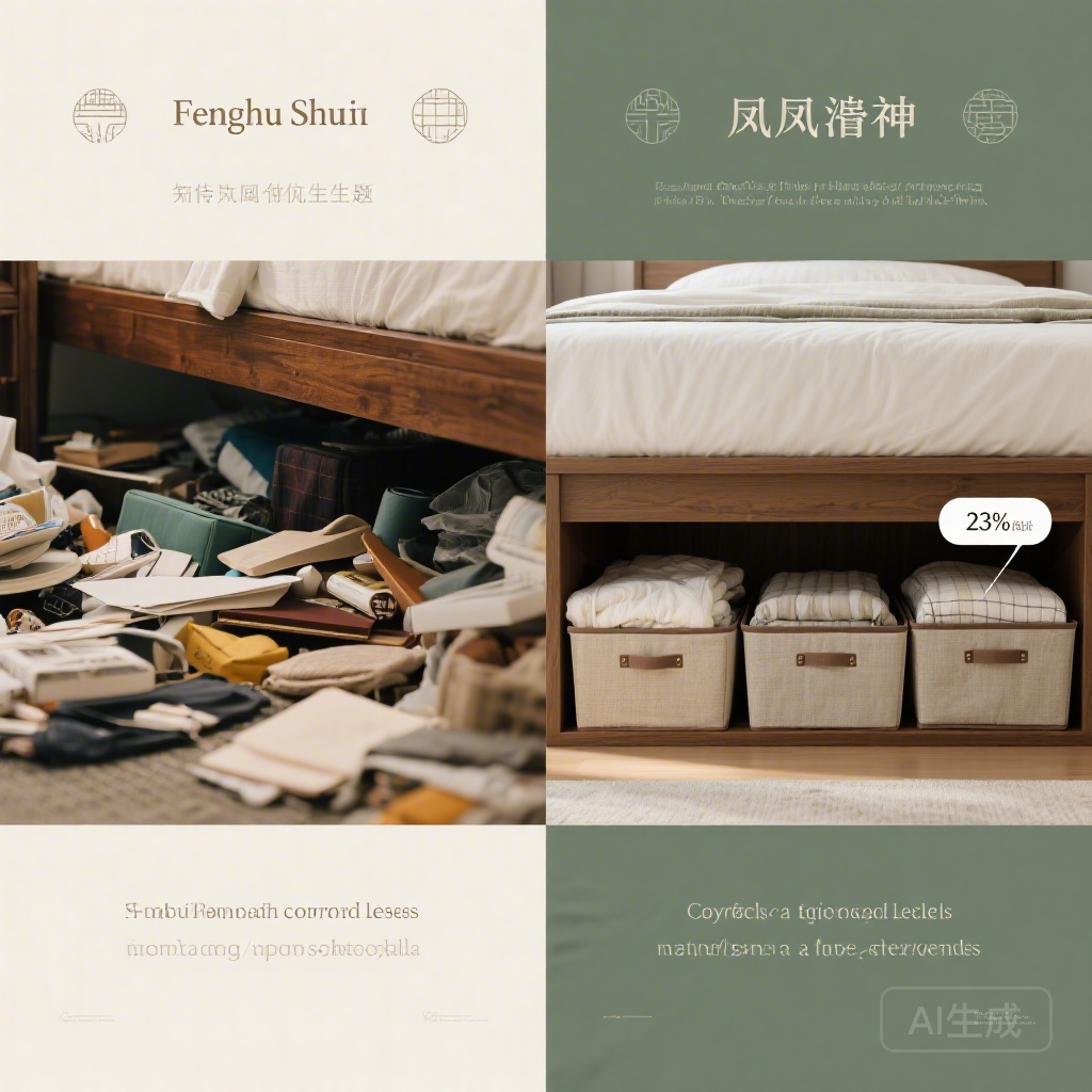 Side by side comparison of a cluttered under-bed space filled with random items vs. an organized under-bed area with only seasonal linens stored in closed bins, with text callouts showing the 23% difference in nighttime cortisol levels