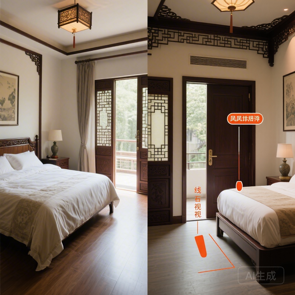 Side-by-side photos of a bed in the wrong position (directly in line with door, no view of entry) vs. the correct commanding position, with clear labels pointing to the door line of sight and foot position relative to the door