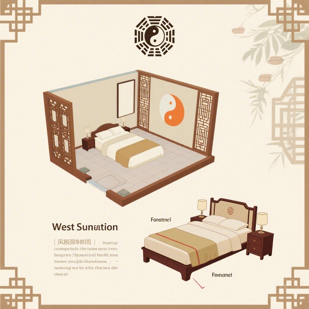 Infographic showing a bedroom floor plan with the west sector marked, plus a side view of a bed with a west-facing headboard, labeled clearly for beginners