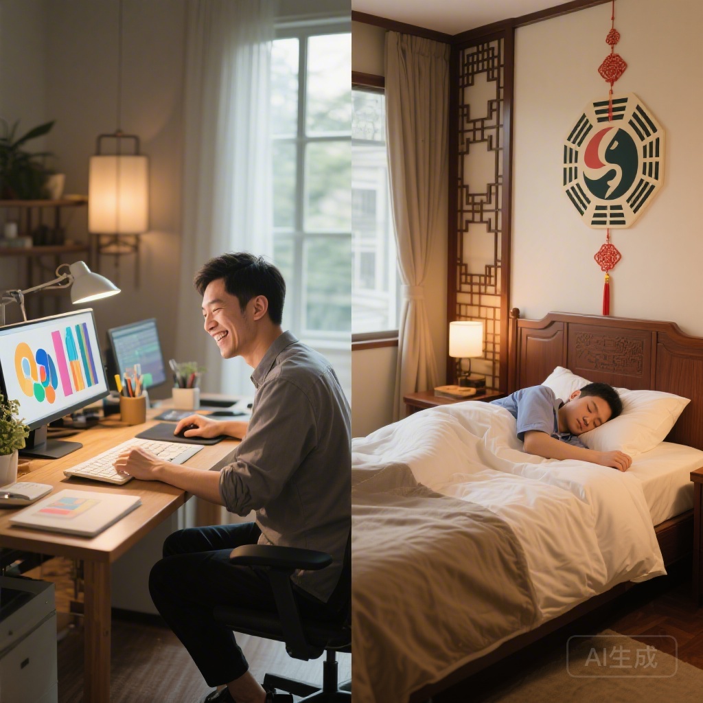 Side-by-side photo collage: left side shows a graphic designer working happily at their desk, right side shows a shift worker sleeping peacefully in a west-facing bed