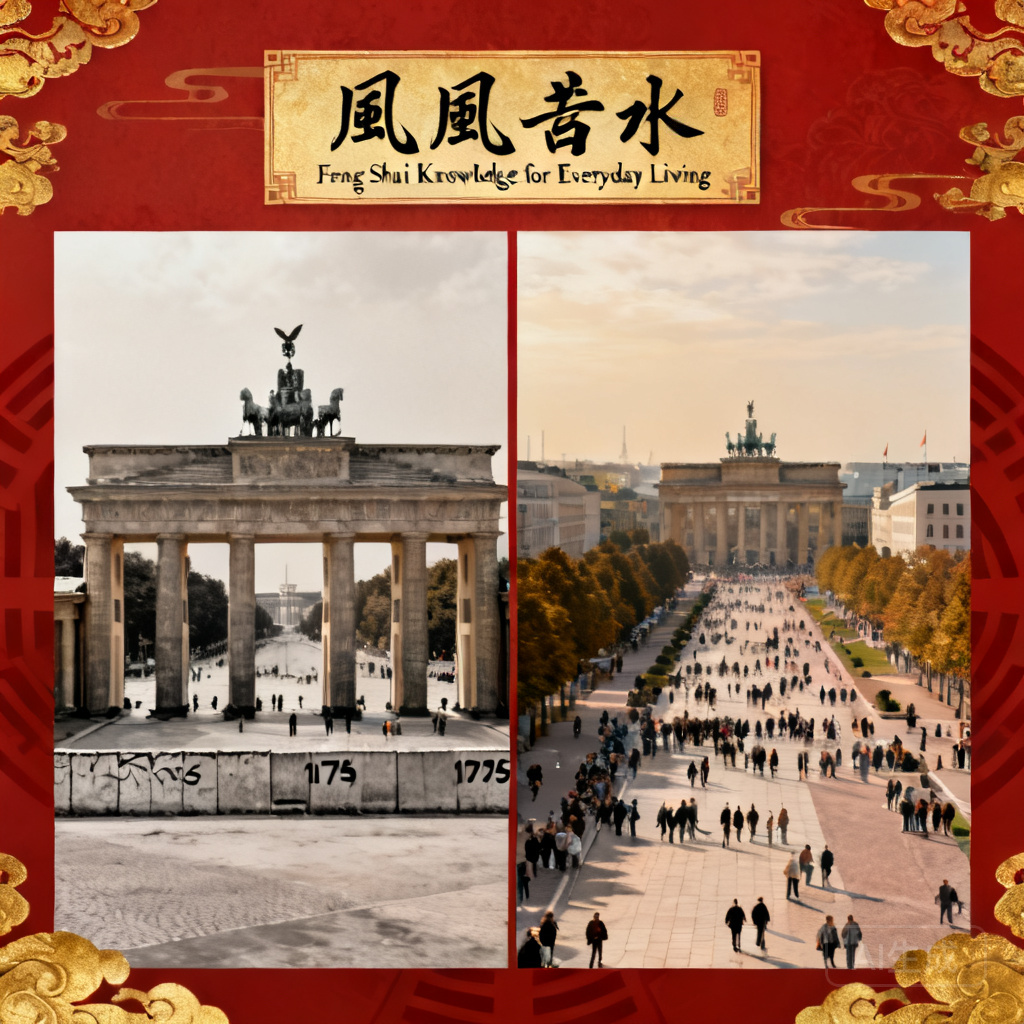Side-by-side photos of the Brandenburg Gate in 1975, with the Berlin Wall blocking the front, and in 2024 with crowds gathered in the open promenade