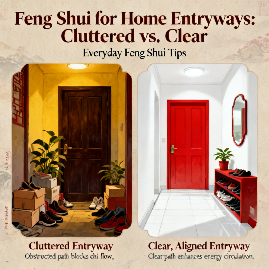 Side-by-side example of a cluttered, blocked home entryway and a clear, well-aligned entryway with a bright hall space outside
