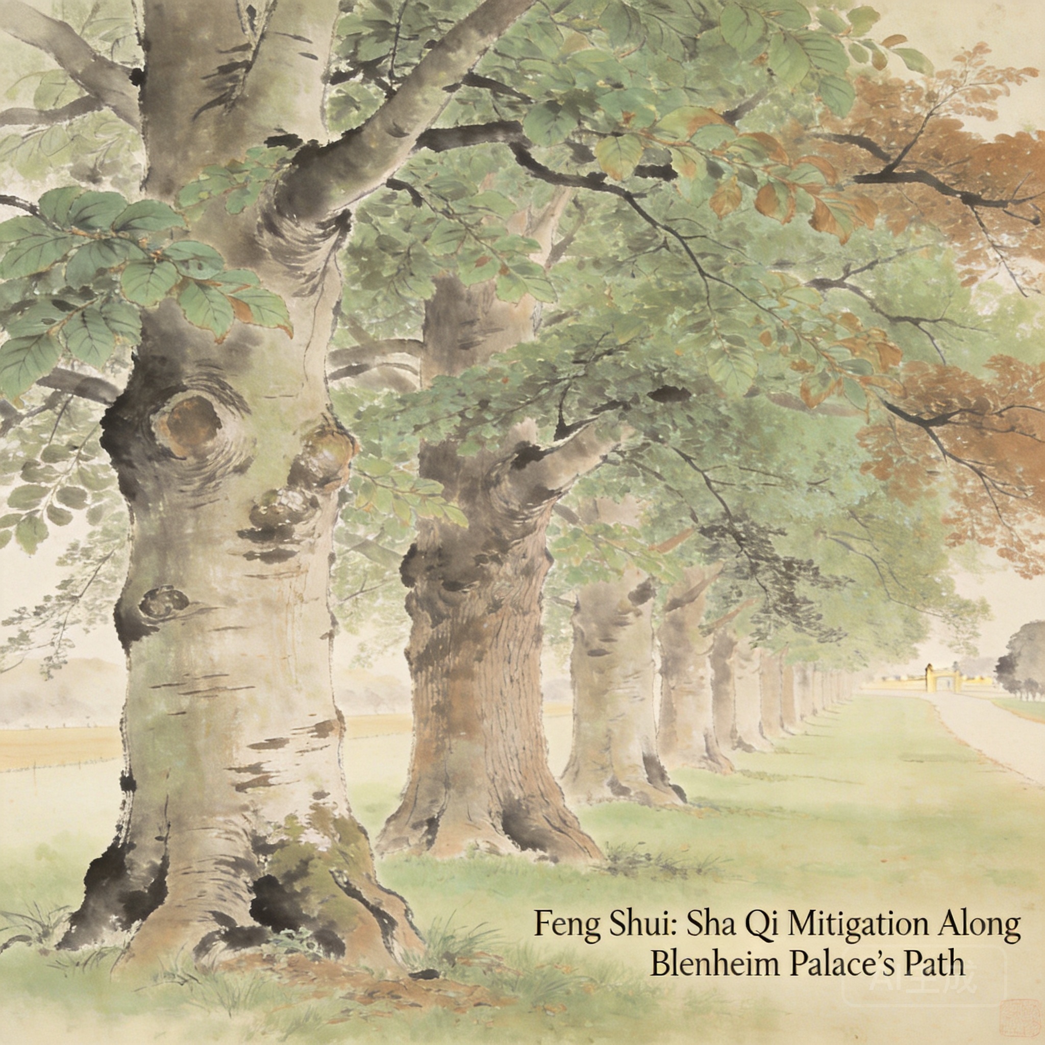Close-up shot of the dense beech tree planting along Blenheim Palace’s west access path, illustrating the historic sha qi mitigation