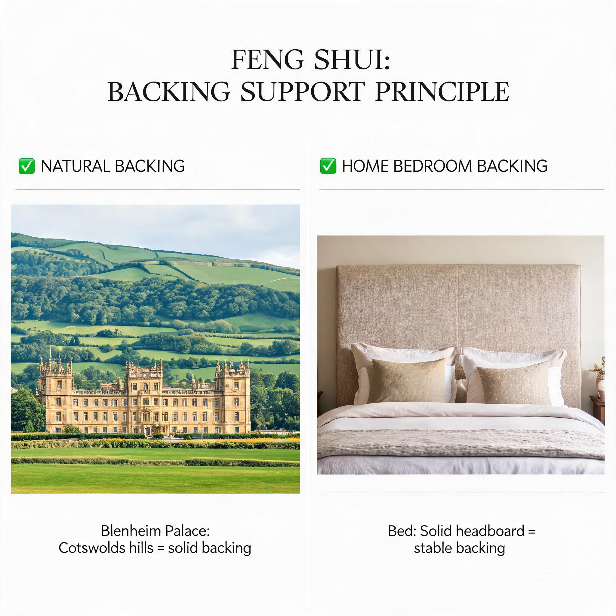 Side-by-side comparison graphic: left side shows Blenheim Palace’s northern Cotswolds backing hills, right side shows a bedroom with a solid upholstered headboard, illustrating the same backing support principle