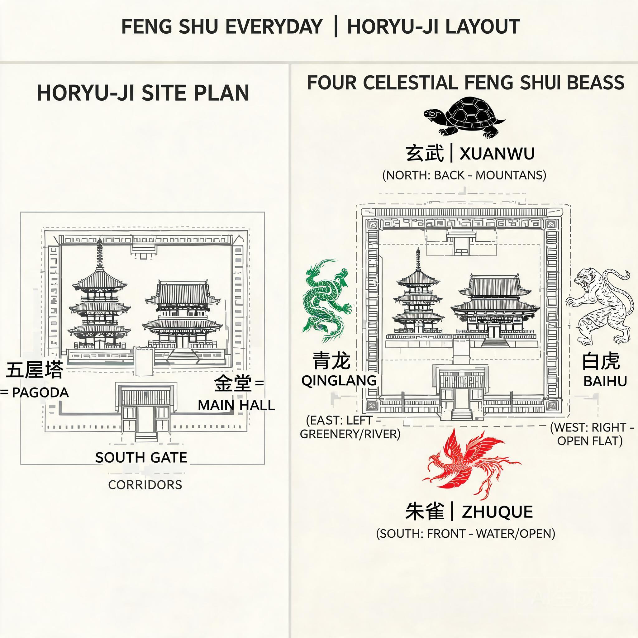 Side-by-side diagram of Horyu-ji site plan overlaid with the four celestial animals feng shui pattern