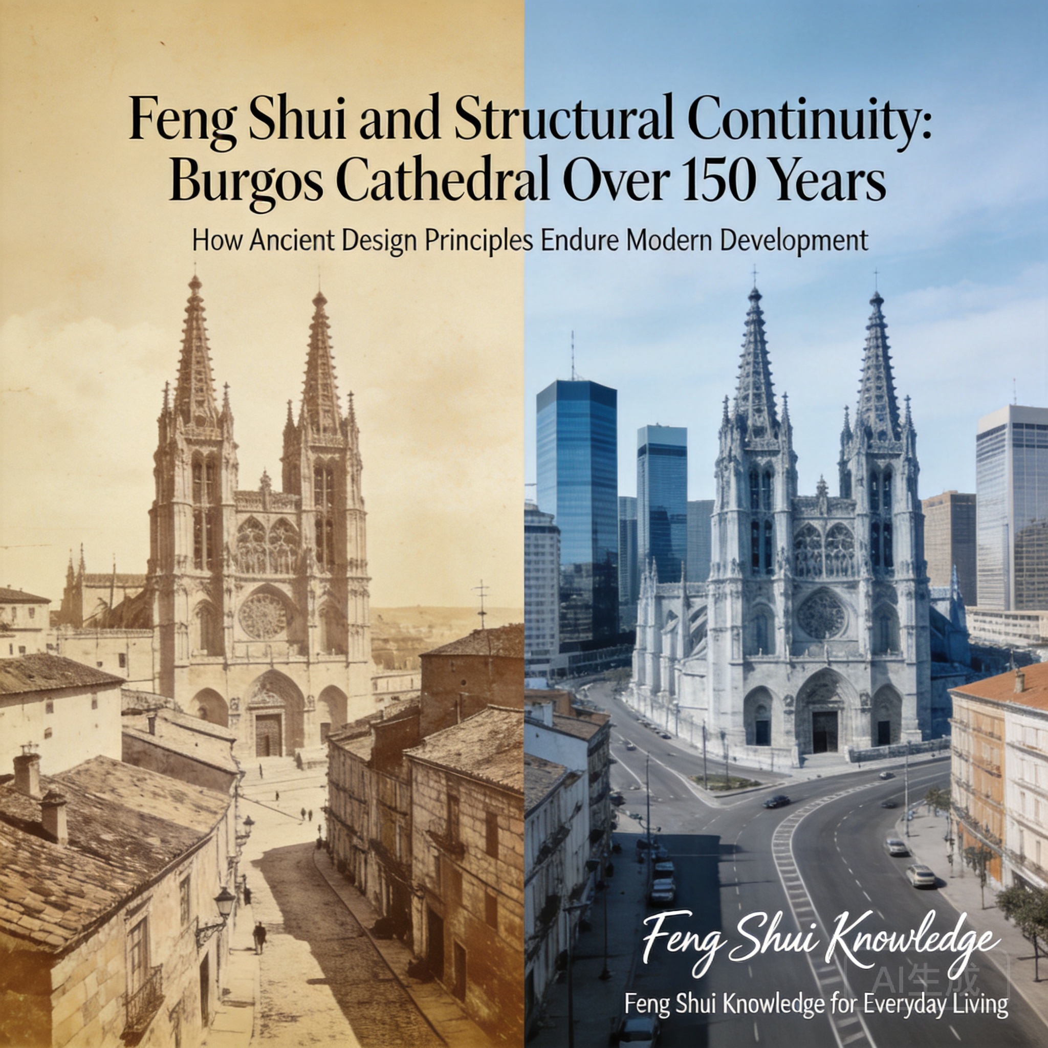Vintage photo of Burgos Cathedral from the 19th century next to a modern photo of the same angle, showing how little the structure has changed over 150 years despite major city development around it