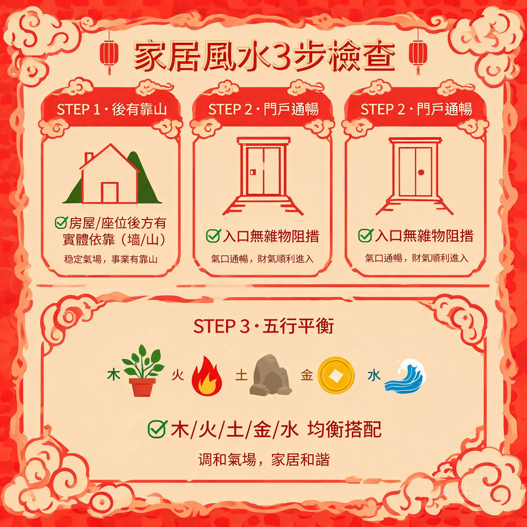 說明3步驟居家風水檢核的資訊圖，包含代表靠山結構、淨空正門入口與五行平衡的圖示