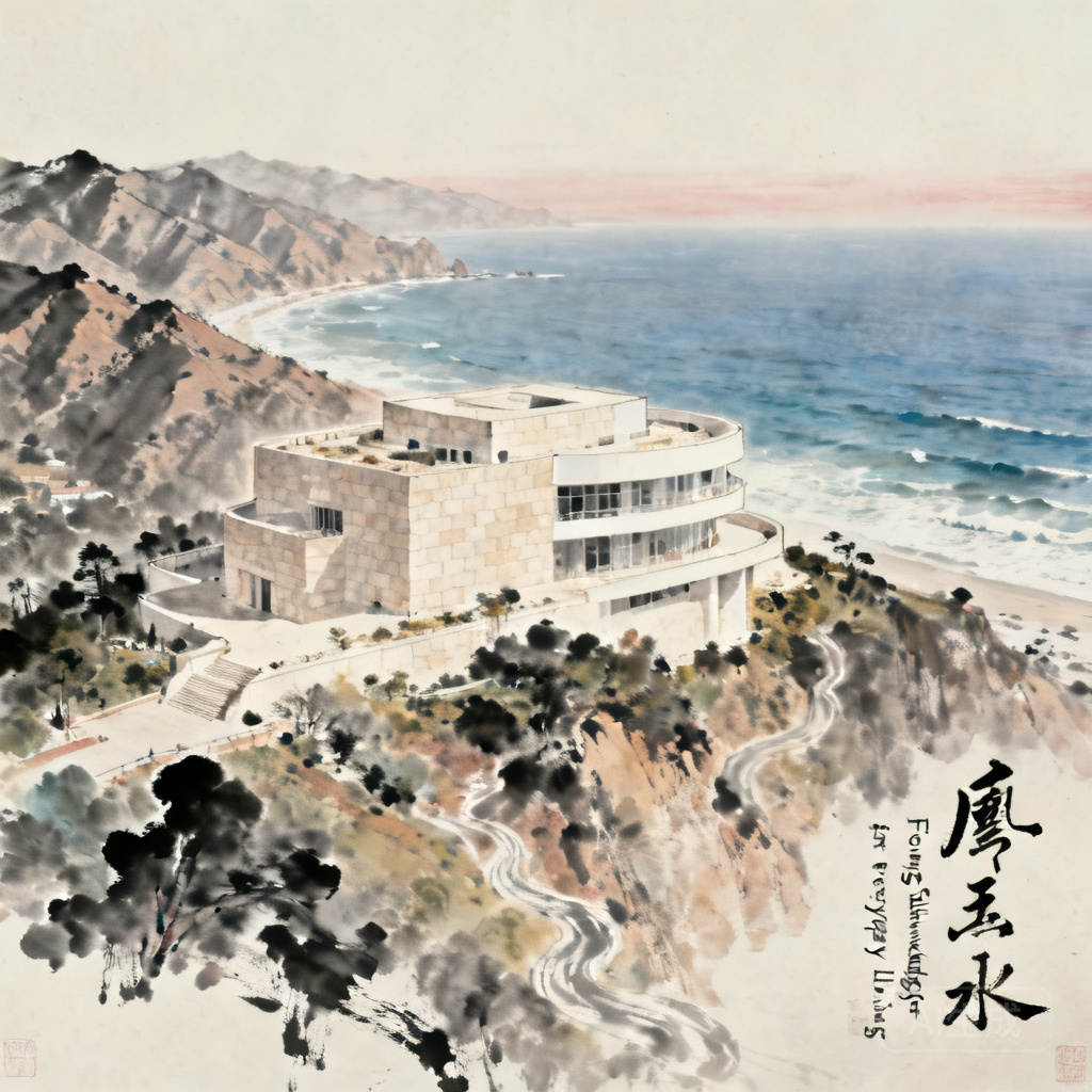 Aerial panoramic shot of The Getty perched above the Pacific Ocean, showing surrounding Santa Monica Mountains and open ocean view