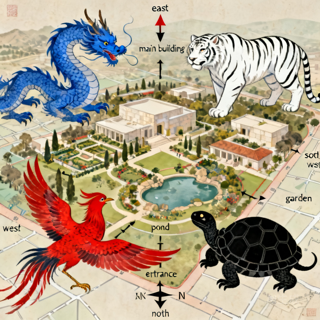 Overlay of four celestial animals alignment on a map of The Getty’s campus, with labels for each landform and directional markers