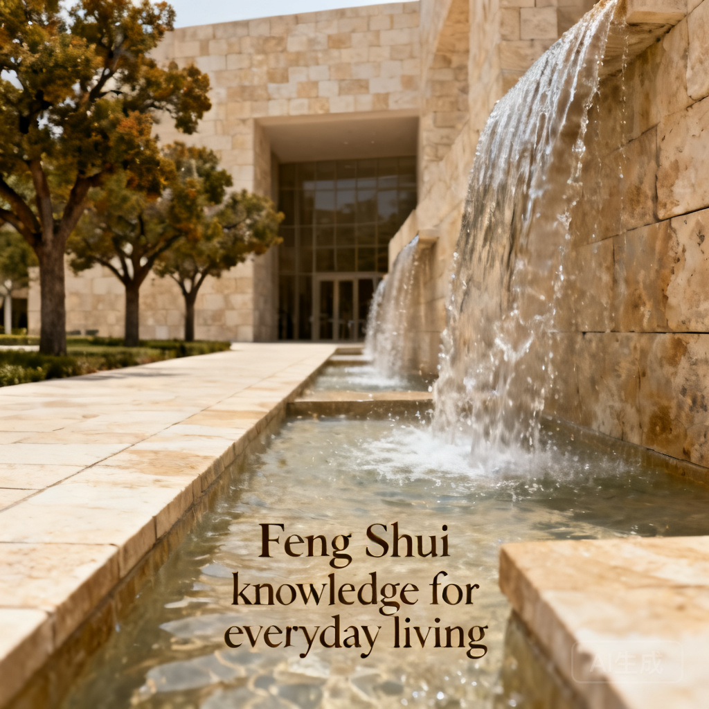 Close-up shot of The Getty’s entry cascading fountains, with travertine walkways and oak plantings visible in the background