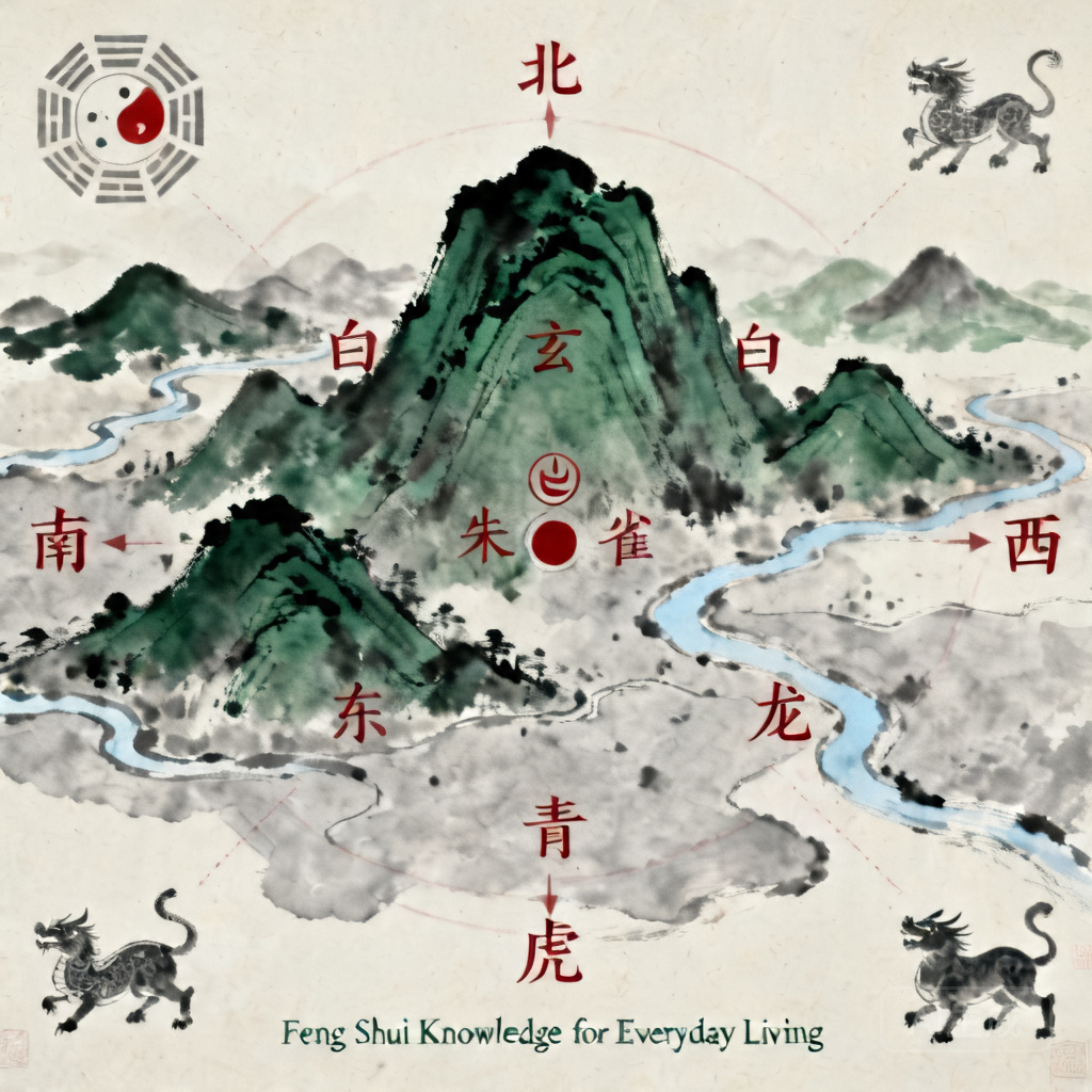 Labeled map of Baiyun Mountain with cardinal directions and surrounding features marked ALT TEXT: Feng shui map of Canton Baiyun Mountain marking cardinal direction landforms including the four celestial animals pattern features
