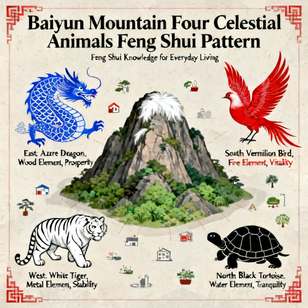 Infographic showing the ‘four celestial animals’ feng shui pattern applied to Baiyun Mountain