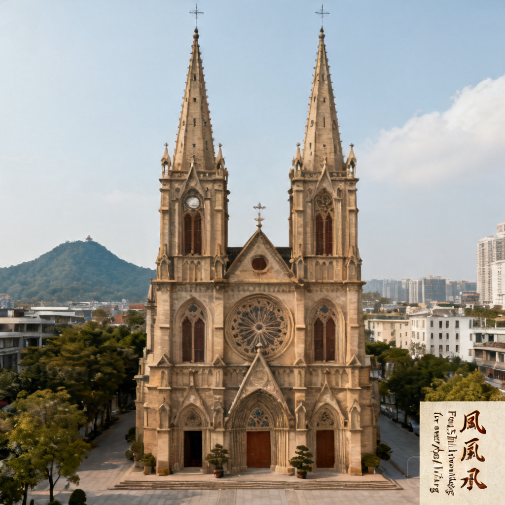 Hero shot: Full exterior view of Canton Sacred Heart Cathedral with Yuexiu Mountain visible in the distant northern background