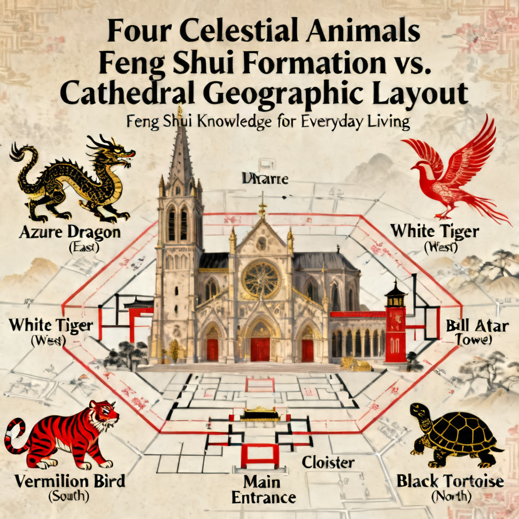 Comparison graphic: Overlay of Four Celestial Animals feng shui formation on the cathedral’s geographic layout