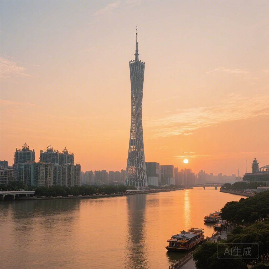 Canton Tower at sunset with the Pearl River in the foreground, alt=“Canton Tower fengshui landmark at sunset overlooking the Pearl River in Guangzhou Haizhu District”