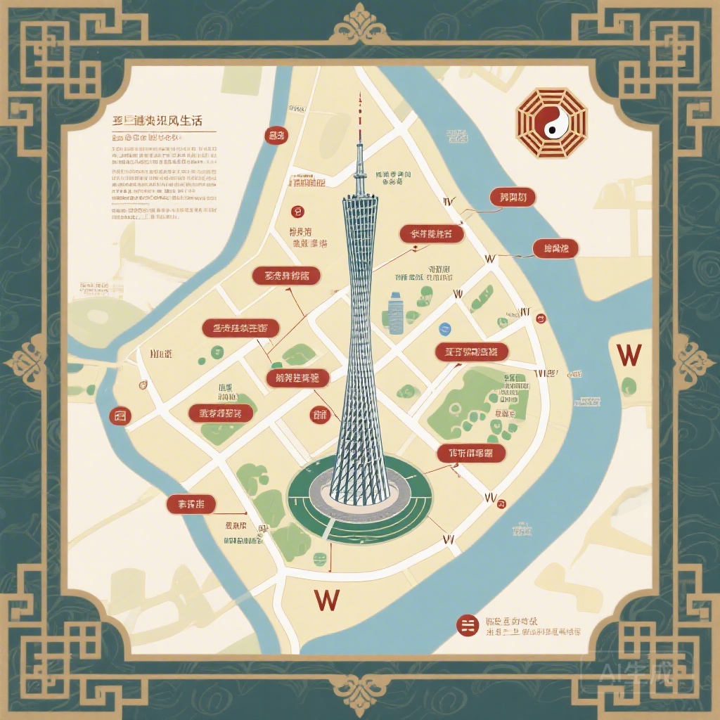 Infographic: Map of Canton Tower’s site with cardinal direction feature labels