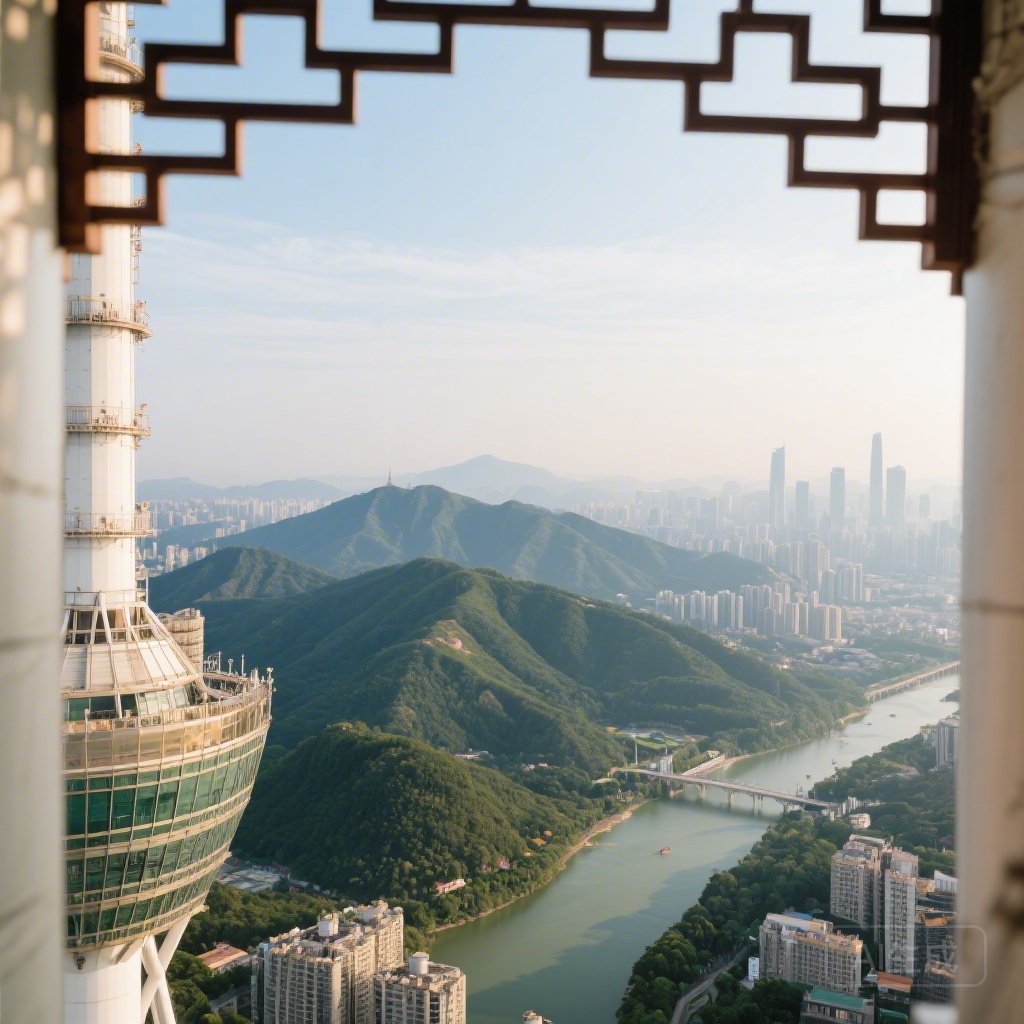 South view from Canton Tower showing the gently sloping foothills of Baiyun Mountain