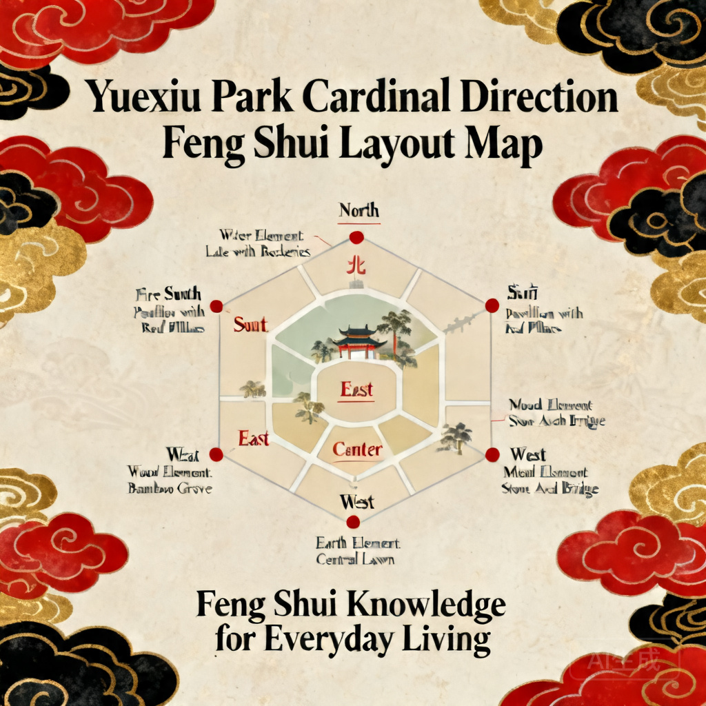 Infographic of Yuexiu Park cardinal direction feng shui layout map