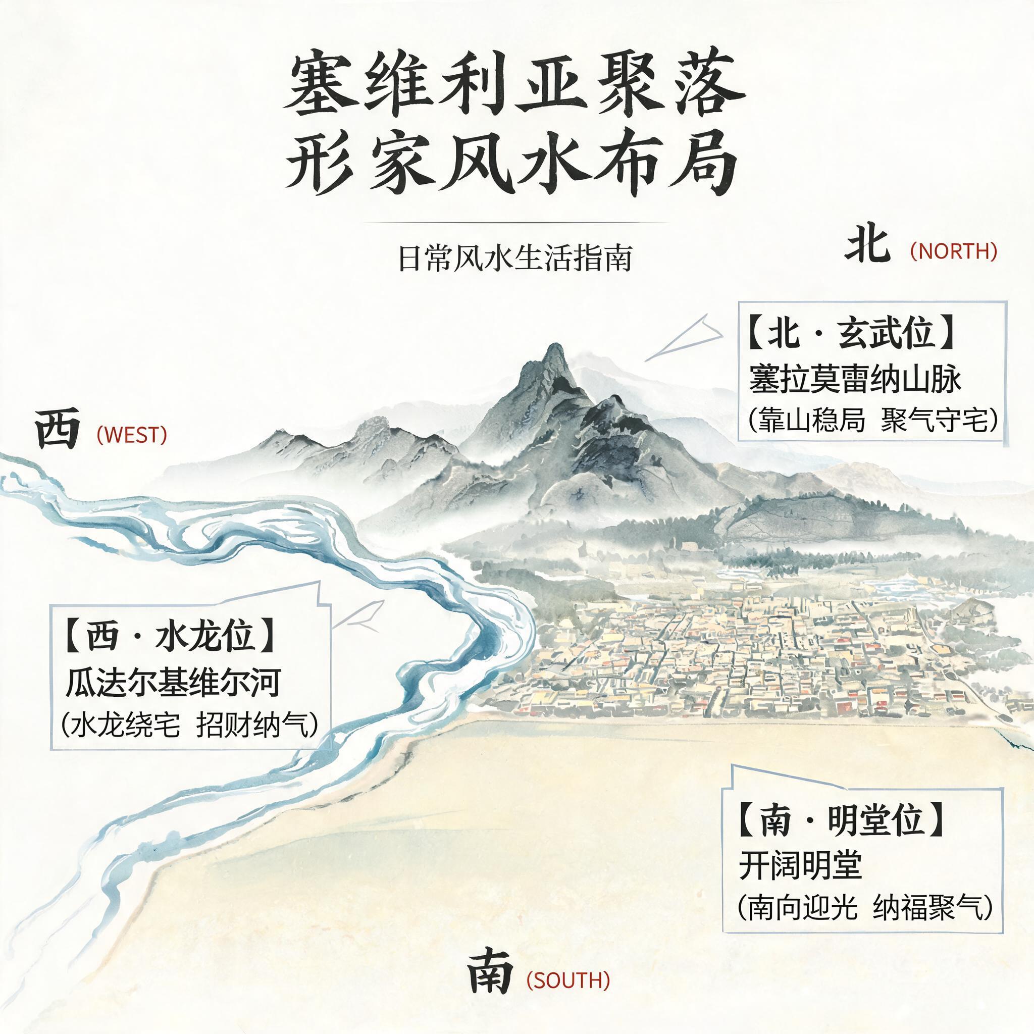 Infographic showing the Form School feng shui layout of the Seville cluster: Sierra Morena mountains to the north as backing, Guadalquivir River to the west as water dragon, open southern approach as bright hall