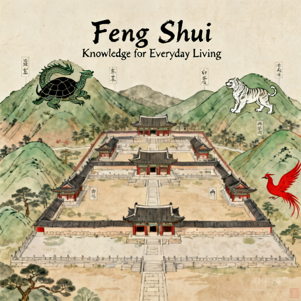 Annotated aerial map of Changdeokgung Palace, labeling the four guardian landforms (Black Tortoise, Green Dragon, White Tiger, Red Phoenix) surrounding the complex