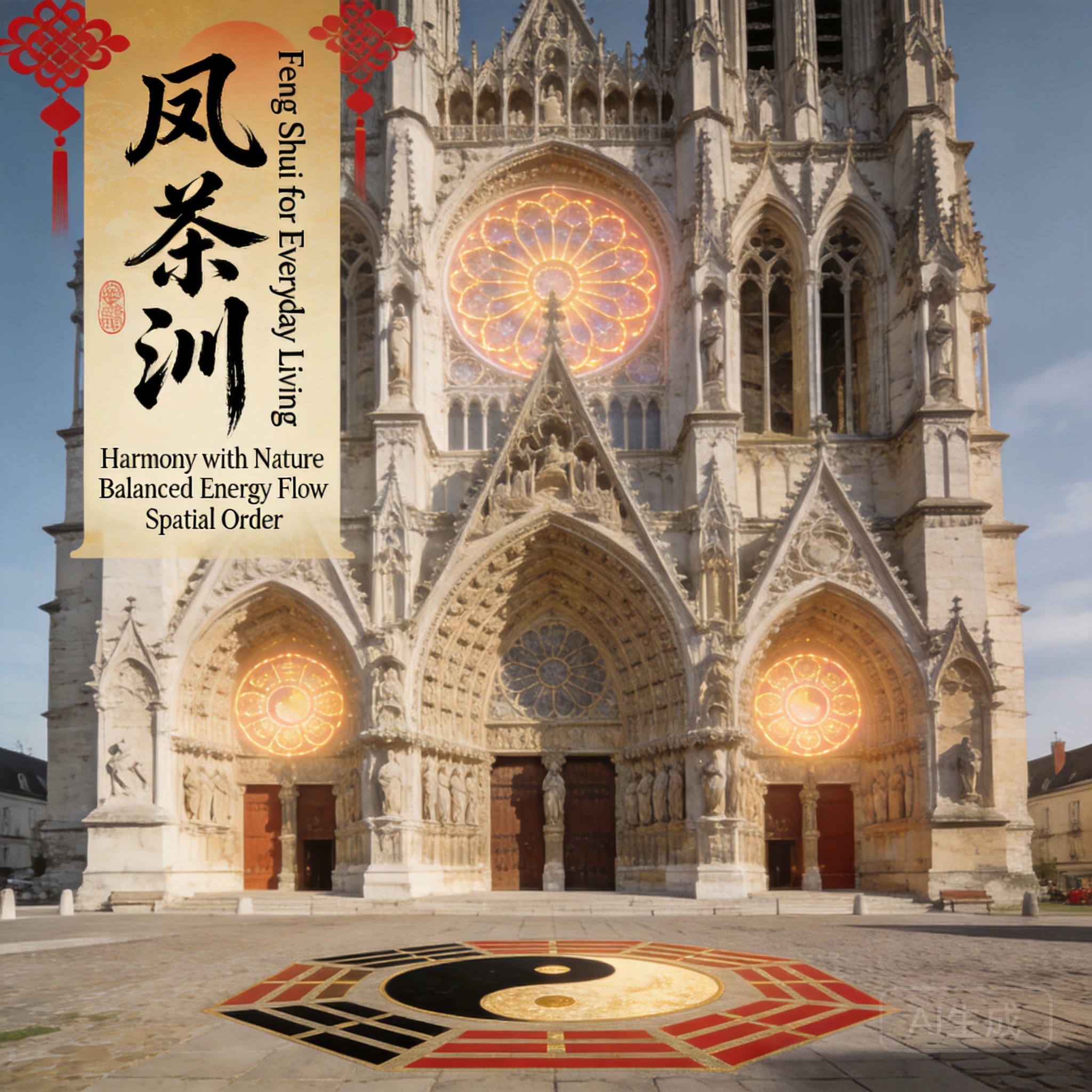 從前廣場拍攝的夏爾特爾大教堂外觀全景，可見西側入口與玫瑰窗