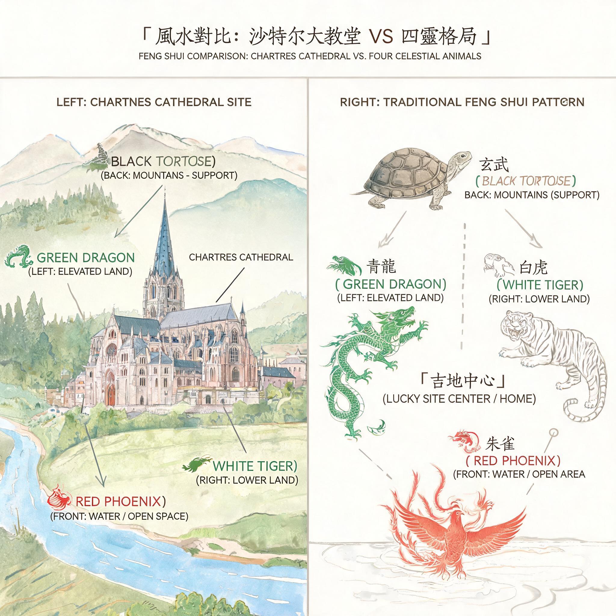 沙特爾大教堂基地布局與四獸風水格局對照比對圖