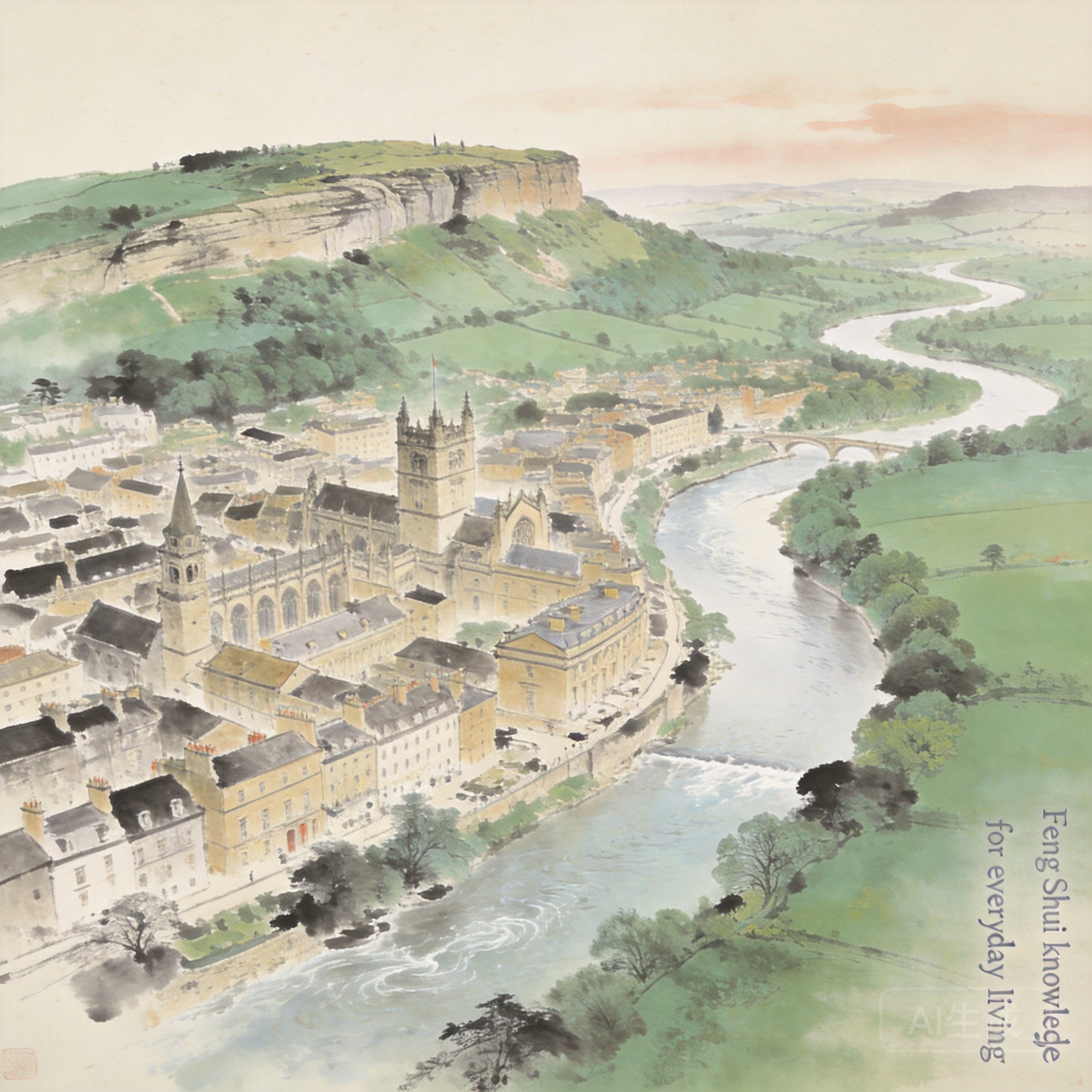 Aerial shot of Bath showing the Cotswolds Escarpment to the north, meandering River Avon, and surrounding green belt land