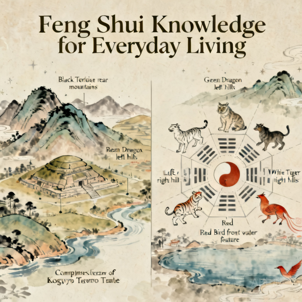 Side-by-side diagram of the Complex of Koguryo Tombs landform layout and the classic Four Celestial Animals feng shui formation, marking the Black Tortoise rear mountains, Green Dragon left hills, White Tiger right hills, and Red Bird front water feature.