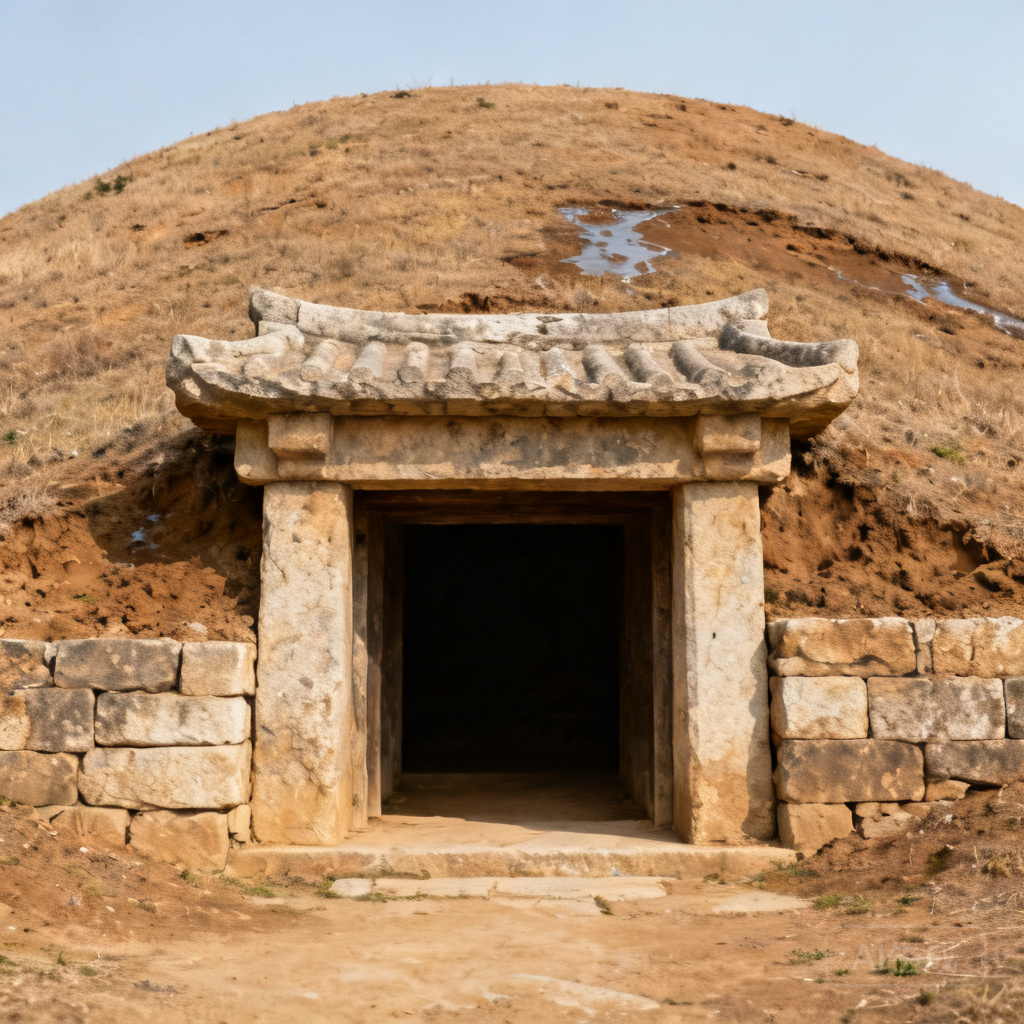Close-up shot of a well-preserved Koguryo royal tomb entrance, showing the intact stone lintel structure and lack of water damage or erosion on the surrounding mound.