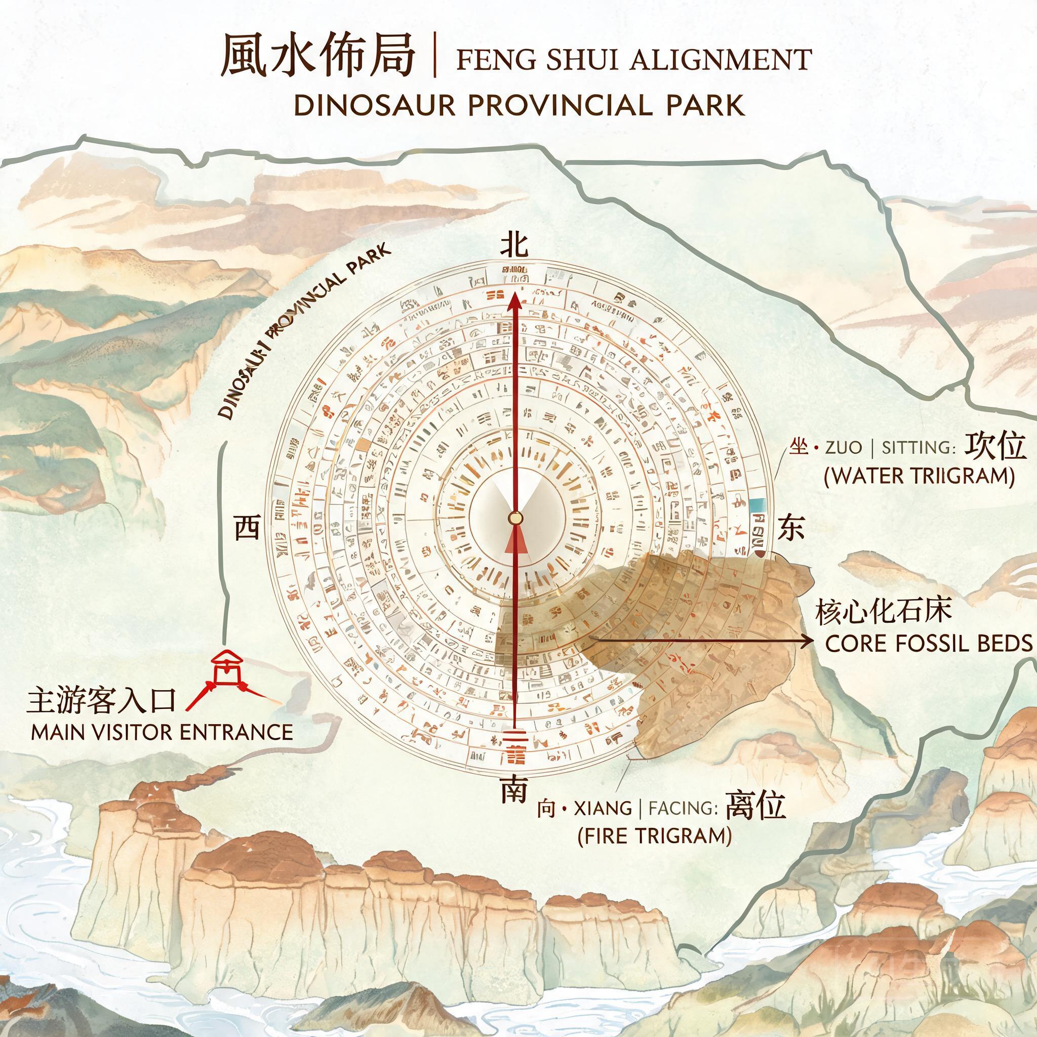 羅盤覆蓋於恐龍省立公園地圖上，標註主要遊客入口方向與核心化石層的座向對應