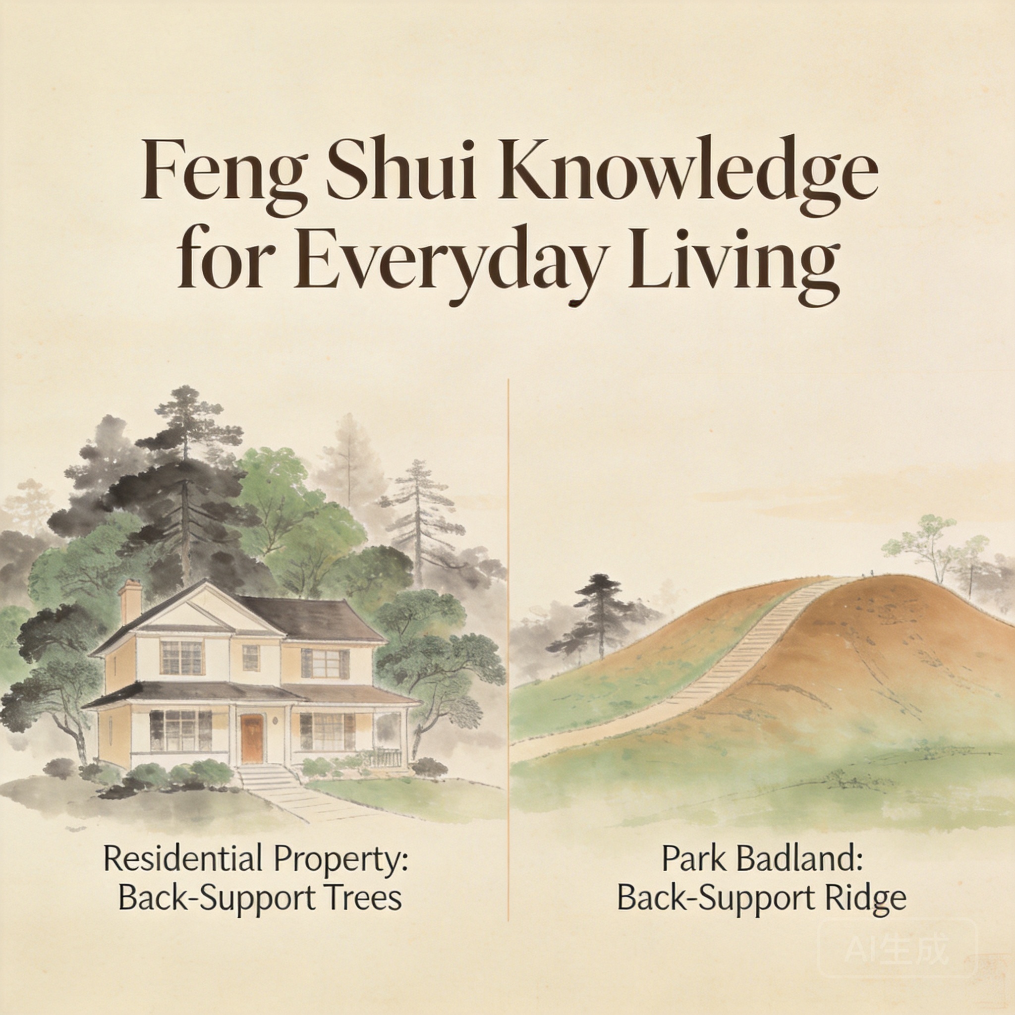 有後靠樹木的住宅與公園惡地後靠山脊的對照圖，說明兩者相通的風水原則