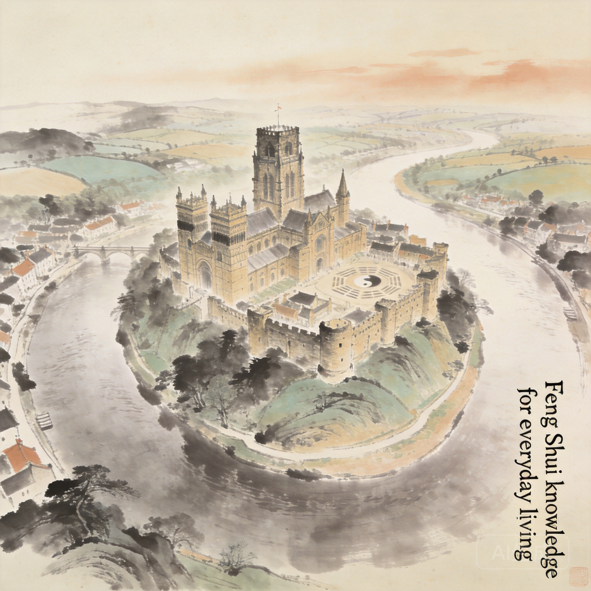 Aerial shot of Durham Castle and Cathedral sitting on the Wear River horseshoe meander, with surrounding lowlands visible in all directions