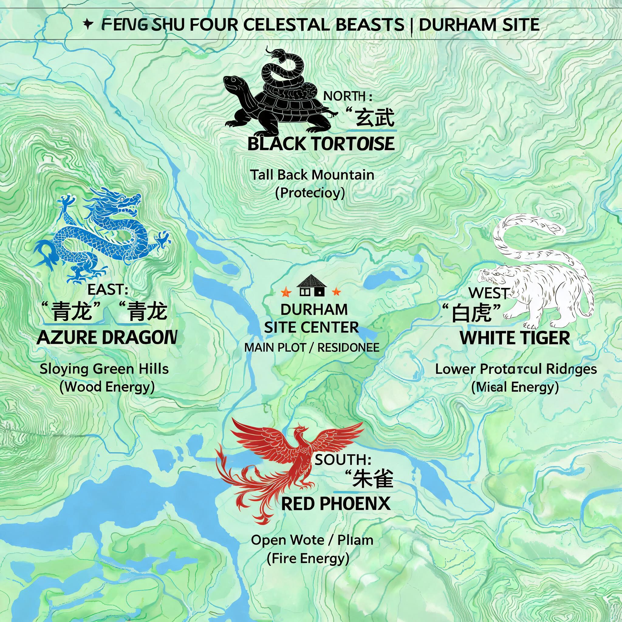 Side-by-side diagram of the four celestial animal feng shui formation overlaid on a topographic map of the Durham site